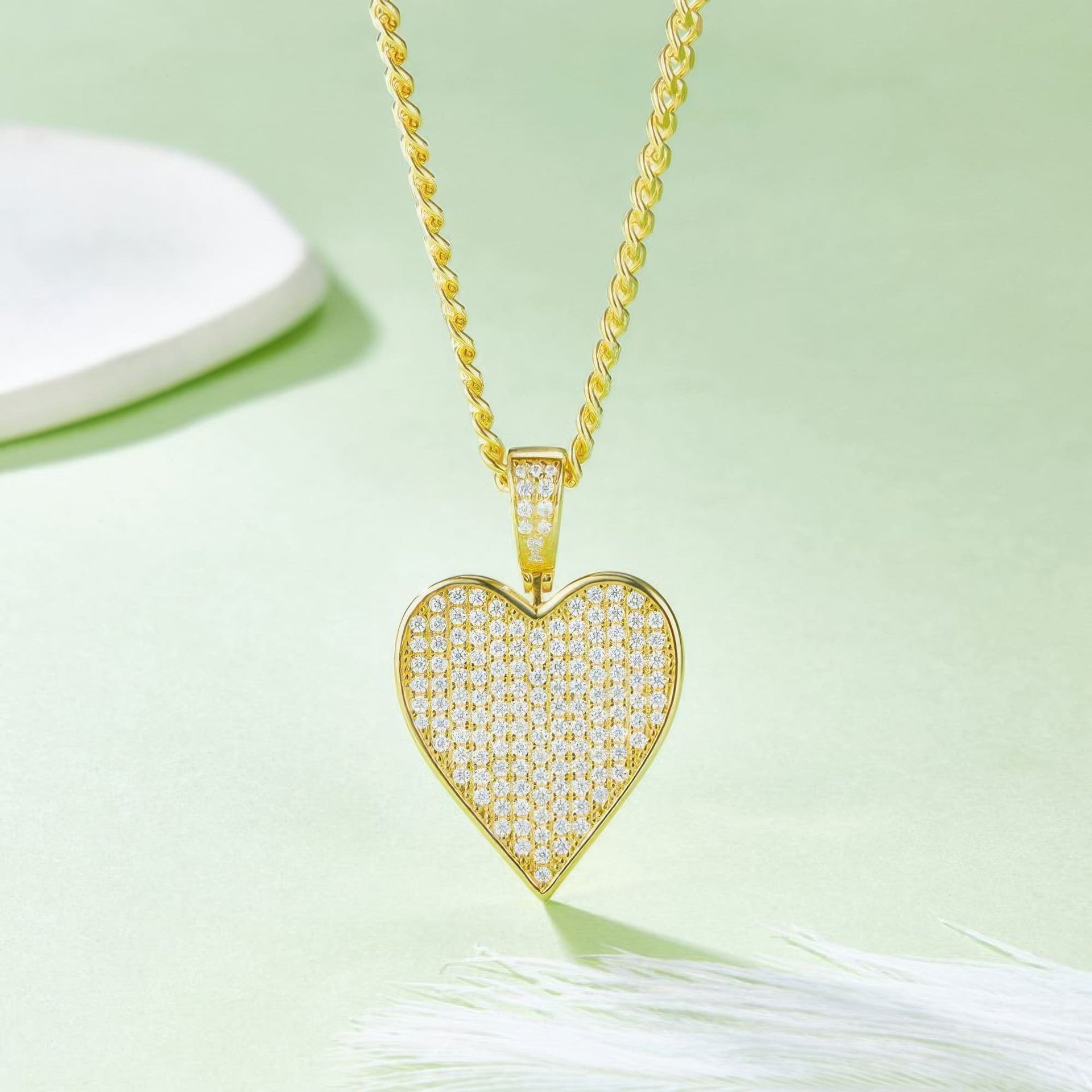 Pavé Heart Moissanite Pendant | 925 Silver Iced Heart Medallion | Curb Chain Necklace - Image 4