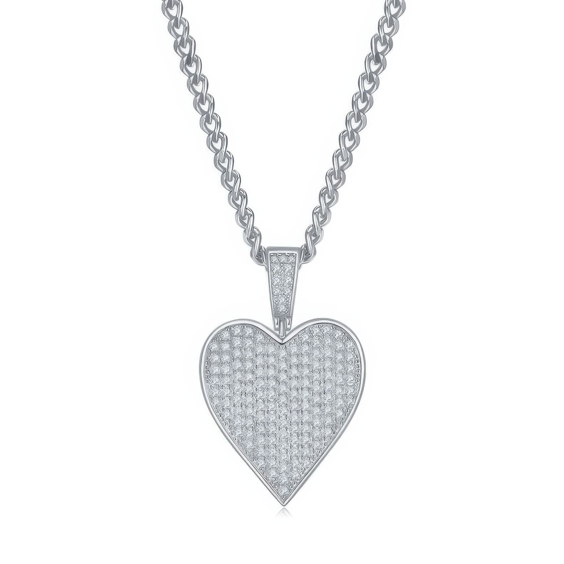 Pavé Heart Moissanite Pendant | 925 Silver Iced Heart Medallion | Curb Chain Necklace