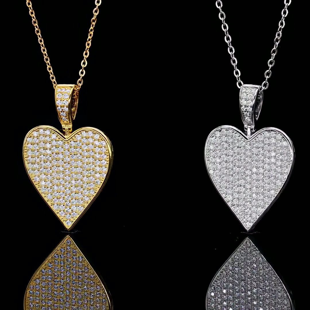 Pavé Heart Moissanite Pendant | 925 Silver Iced Heart Medallion | Curb Chain Necklace product video thumbnail