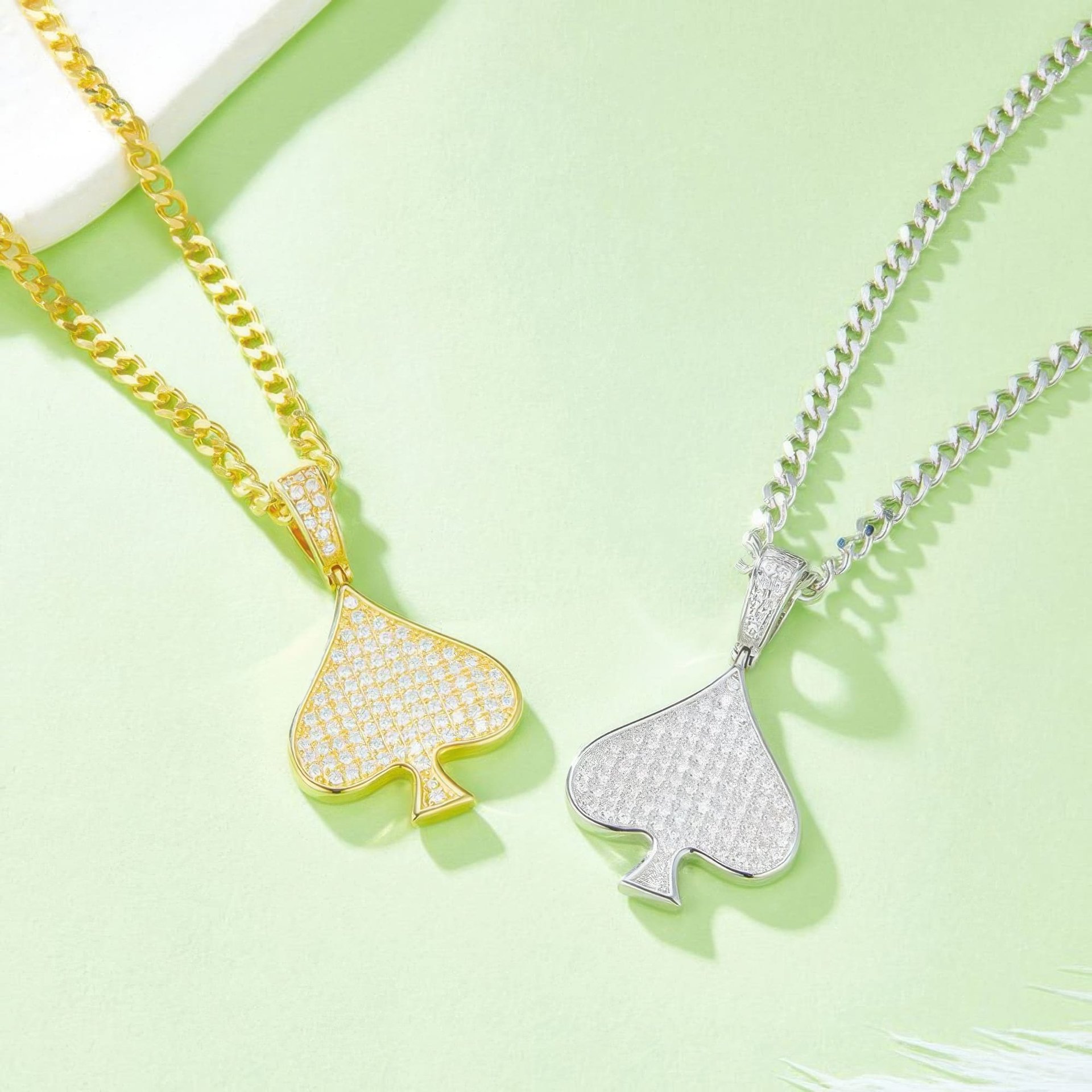 Pavé Spade Moissanite Pendant Necklace | Iced-Out Hip-Hop 925 Sterling Silver Spiga Chain - Image 3