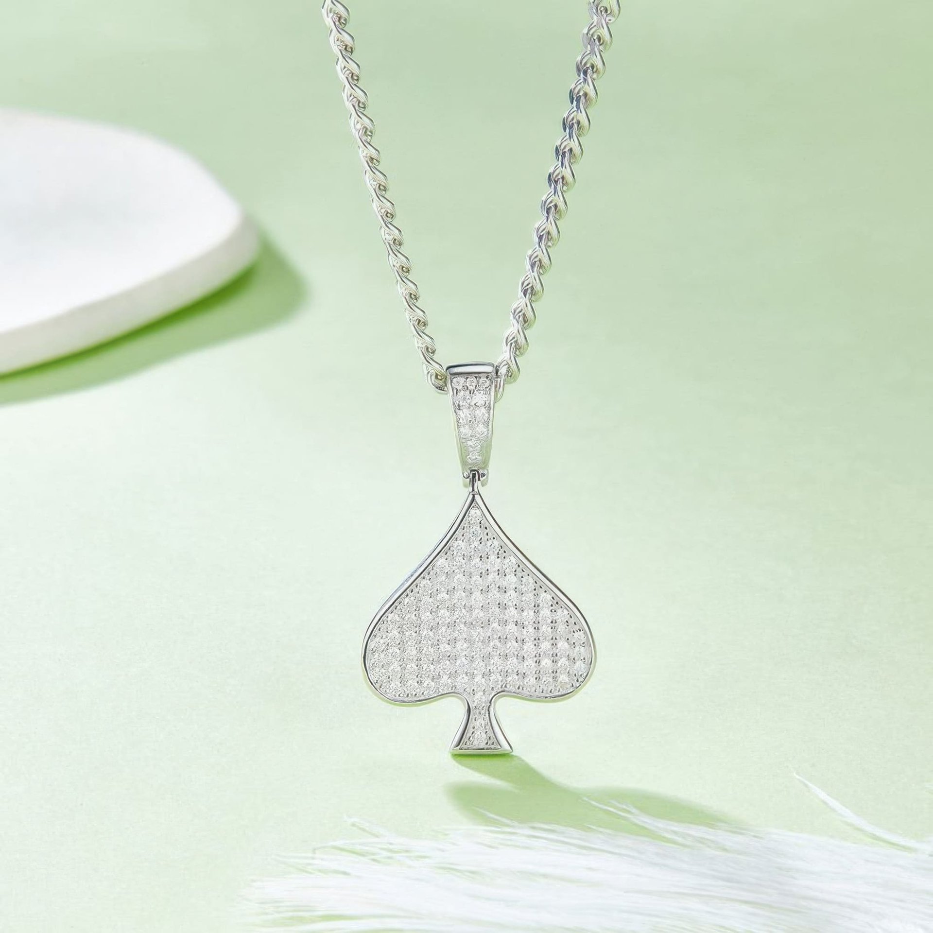 Pavé Spade Moissanite Pendant Necklace | Iced-Out Hip-Hop 925 Sterling Silver Spiga Chain - Image 2