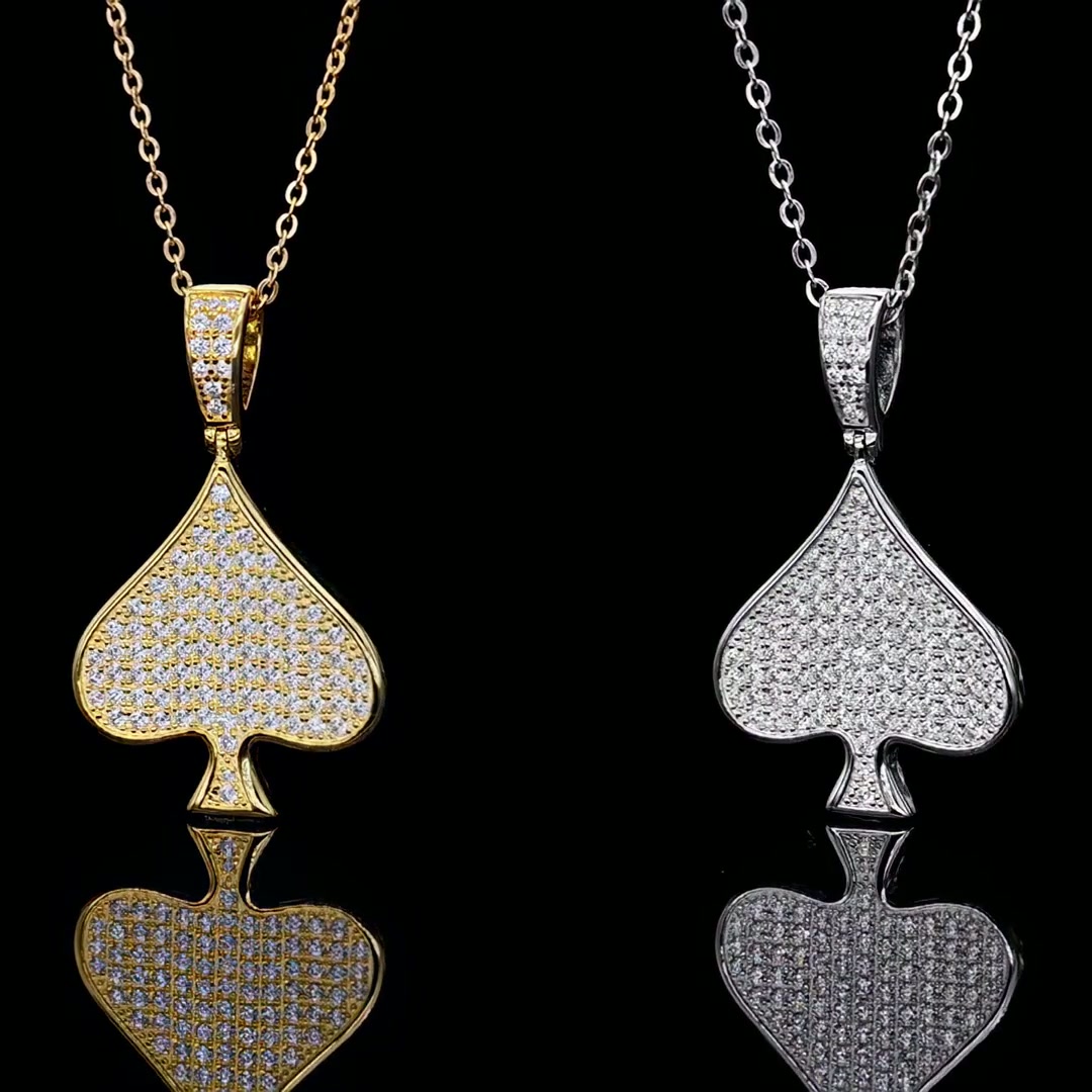 Pavé Spade Moissanite Pendant Necklace | Iced-Out Hip-Hop 925 Sterling Silver Spiga Chain product video thumbnail
