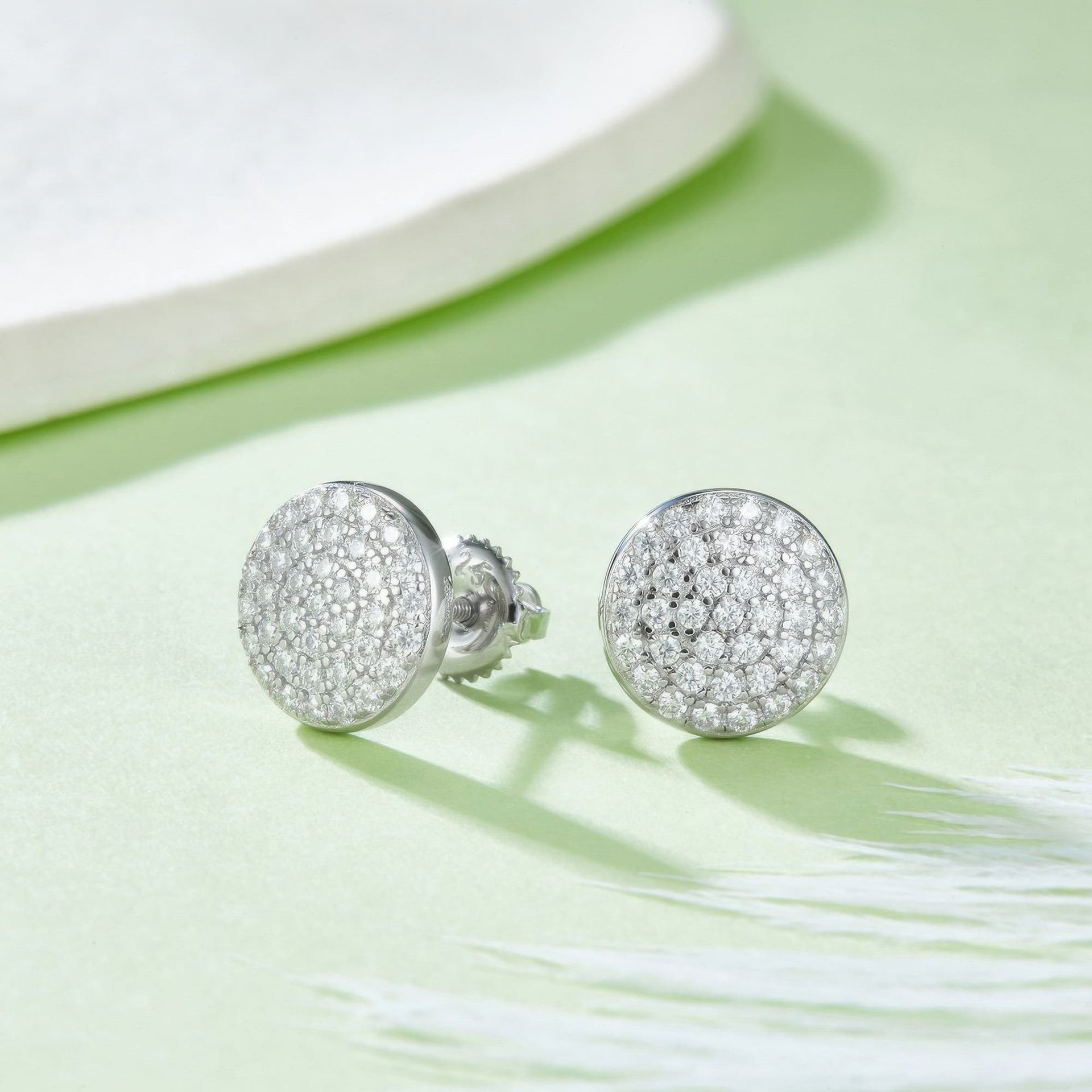 925 Silver Moissanite Pavé Disc Stud Earrings | Round Circle Studs | Unisex - alternate view