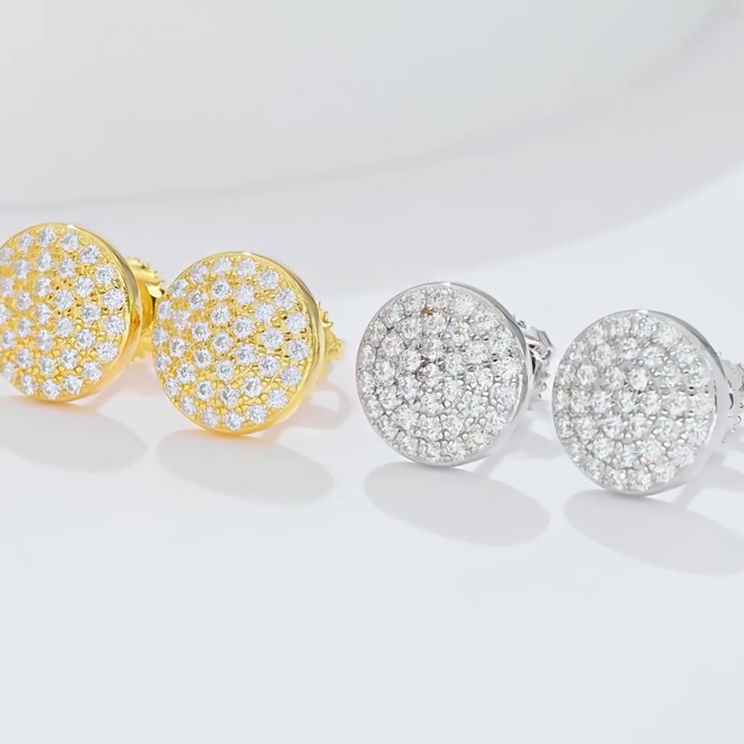 925 Silver Moissanite Pavé Disc Stud Earrings | Round Circle Studs | Unisex product video thumbnail