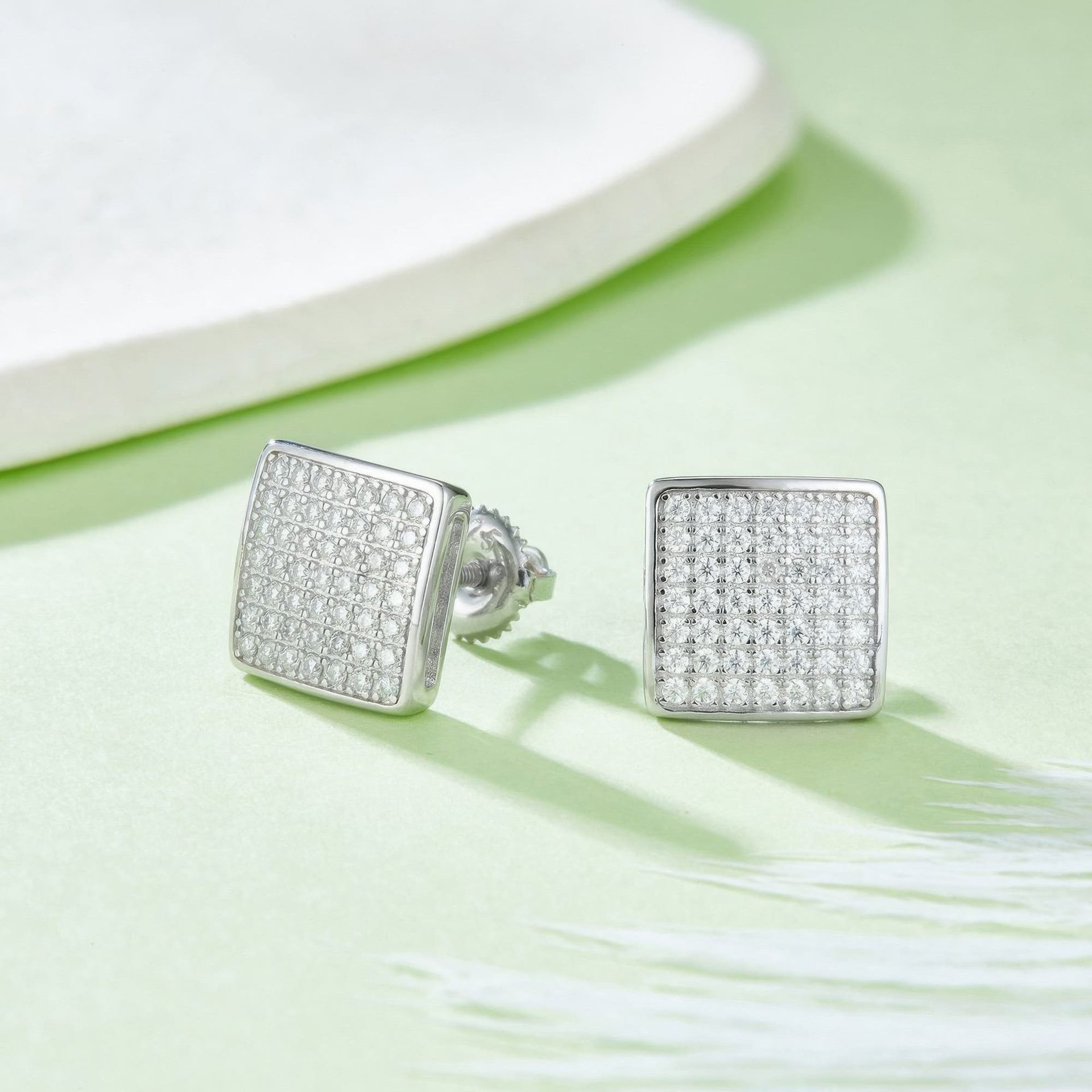 Square Pavé Moissanite Stud Earrings | Iced-Out 925 Sterling Silver Screw-Back Studs - alternate view