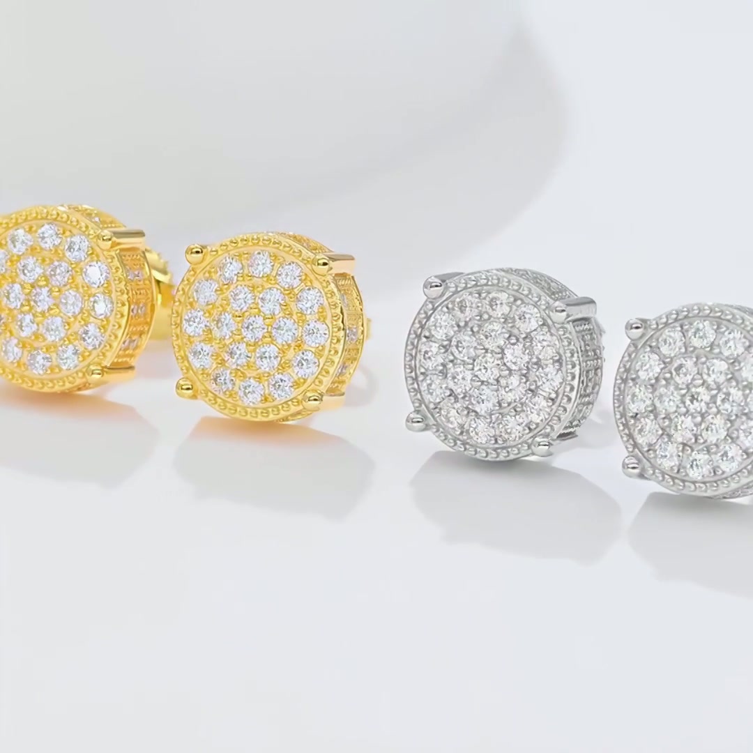 3D Round Cluster Hip Hop Moissanite Stud Earrings | Pave Halo | 925 Sterling Silver product video thumbnail