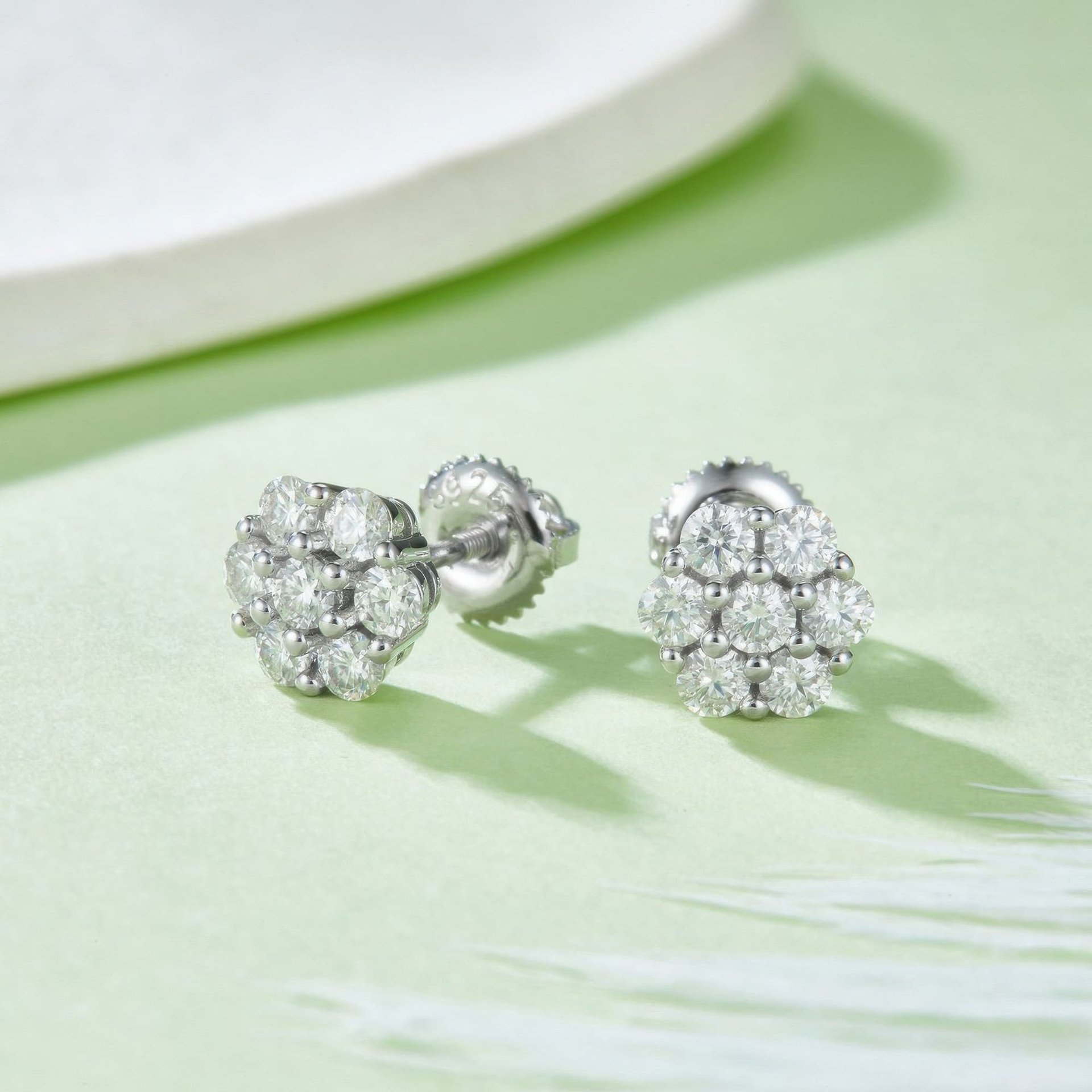Plum Blossom Moissanite Cluster Stud Earrings | 7-Stone Floral Halo | Screw-Back 925 Silver - alternate view