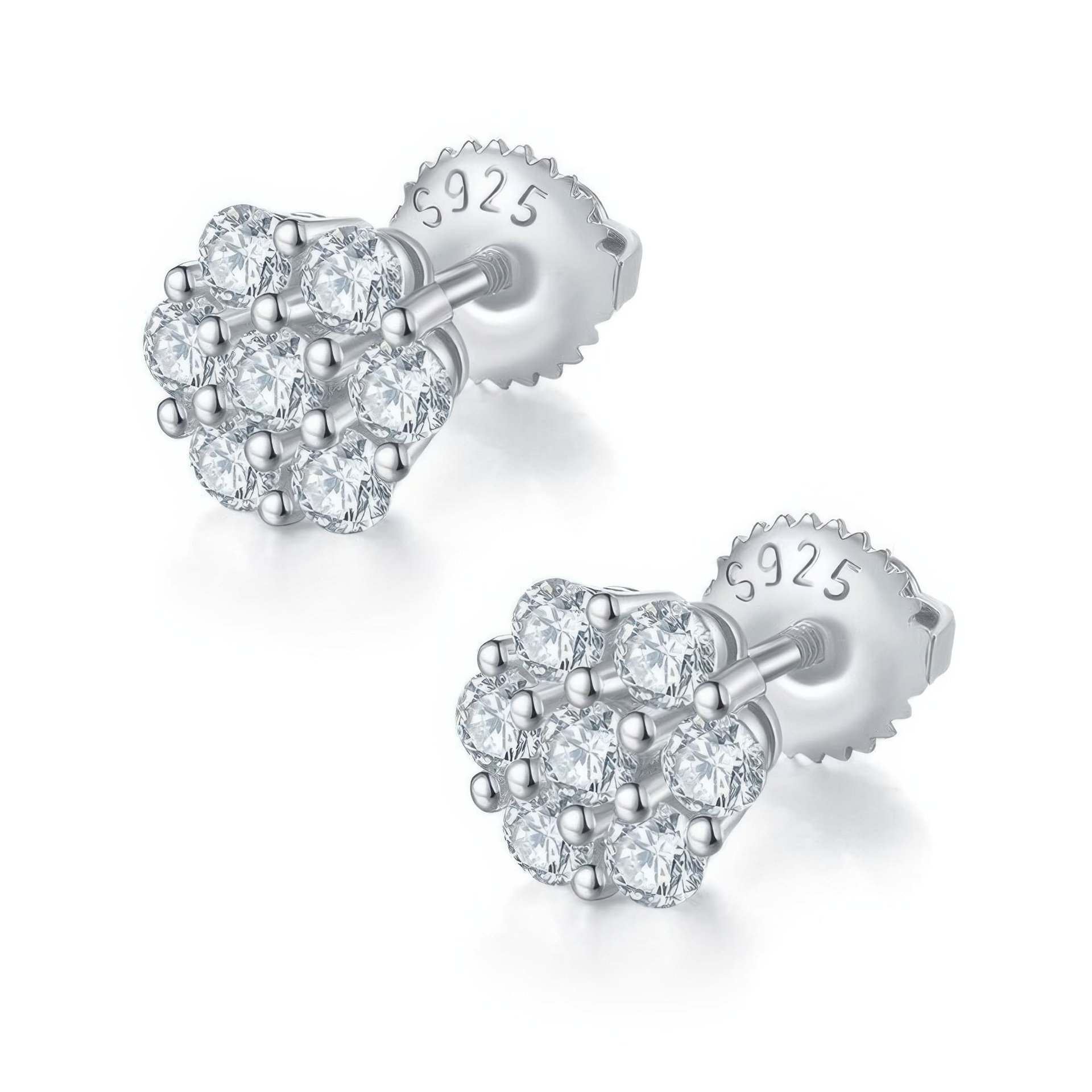 Plum Blossom Moissanite Cluster Stud Earrings | 7-Stone Floral Halo | Screw-Back 925 Silver