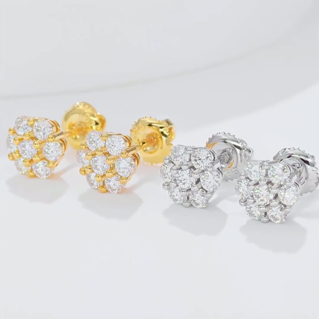 Plum Blossom Moissanite Cluster Stud Earrings | 7-Stone Floral Halo | Screw-Back 925 Silver product video thumbnail