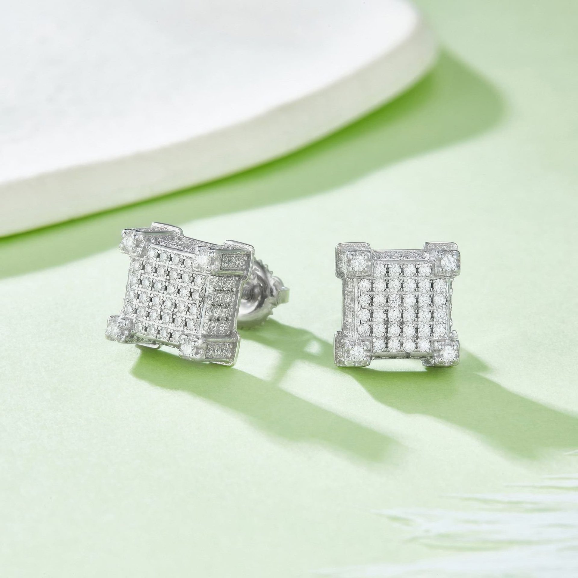 Hip Hop Square Moissanite Stud Earrings | 925 Silver Micro-Pavé | Screw-Back Iced Studs - alternate view
