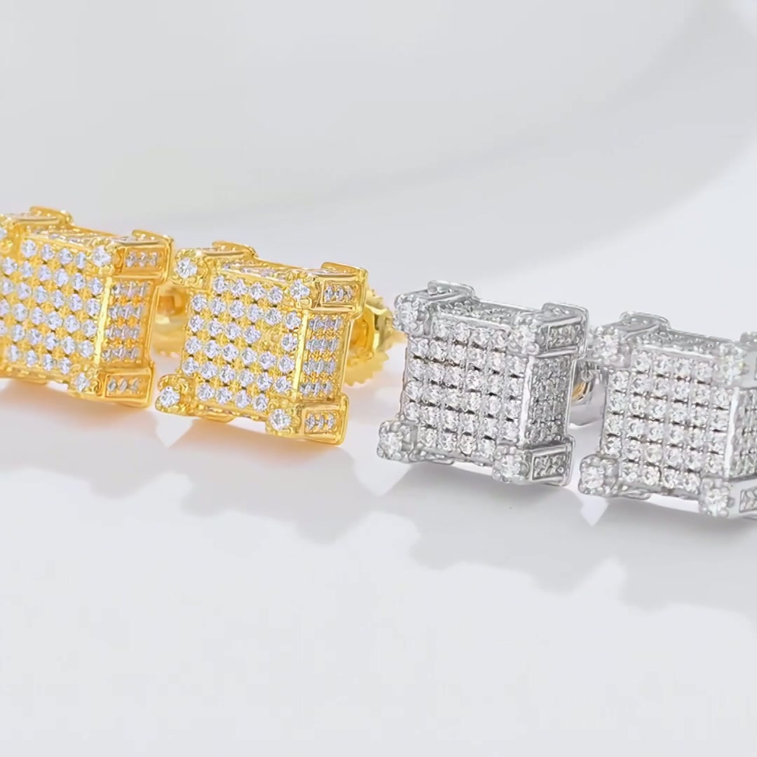 Hip Hop Square Moissanite Stud Earrings | 925 Silver Micro-Pavé | Screw-Back Iced Studs product video thumbnail