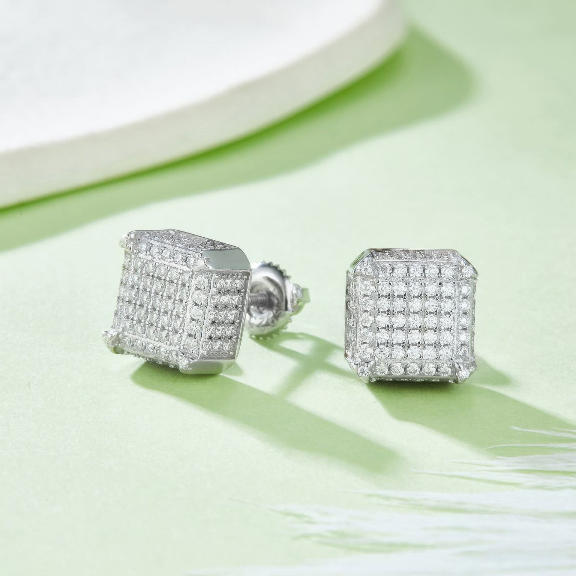 Square Moissanite Hip Hop Stud Earrings | Micro-Pavé 925 Silver Screw-Back Cube Studs - alternate view