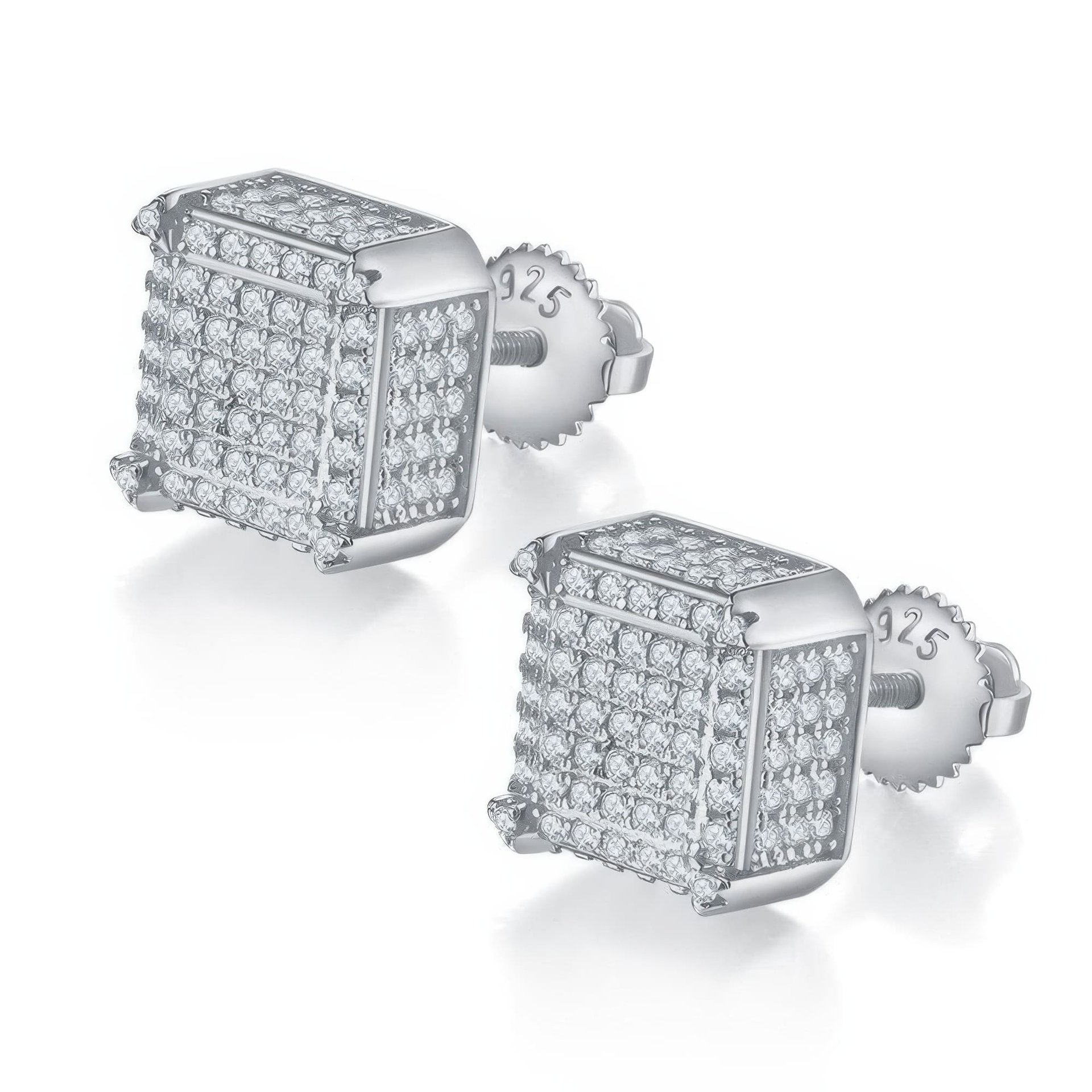 Square Moissanite Hip Hop Stud Earrings | Micro-Pavé 925 Silver Screw-Back Cube Studs