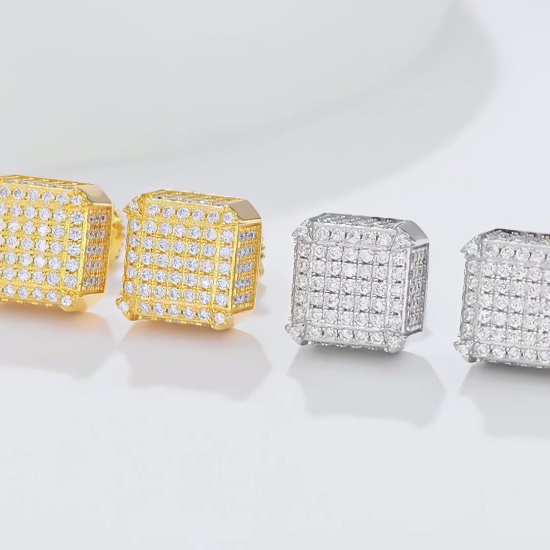 Square Moissanite Hip Hop Stud Earrings | Micro-Pavé 925 Silver Screw-Back Cube Studs product video thumbnail