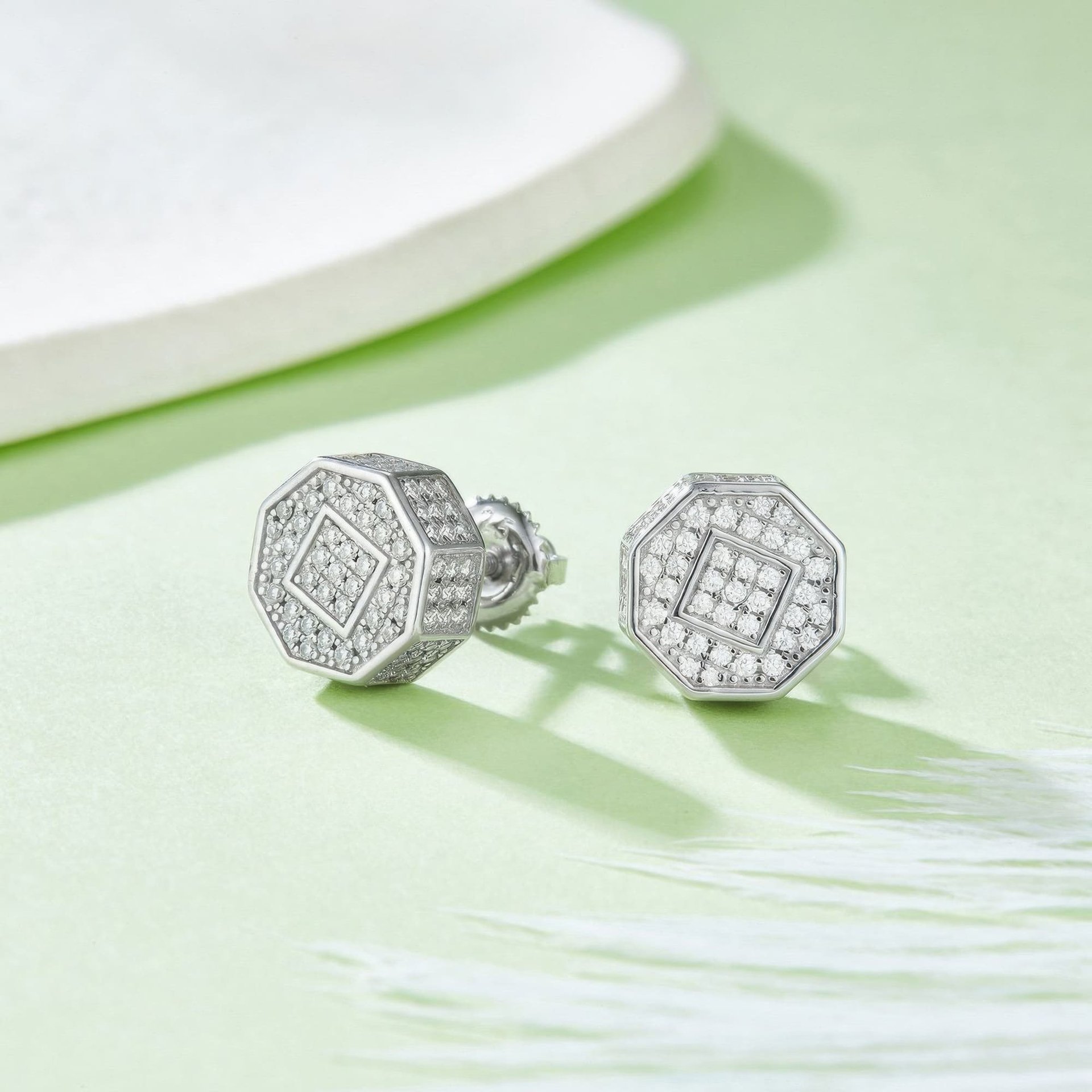 Octagonal Pavé Moissanite Stud Earrings | Iced-Out 925 Silver Hip-Hop Studs - alternate view