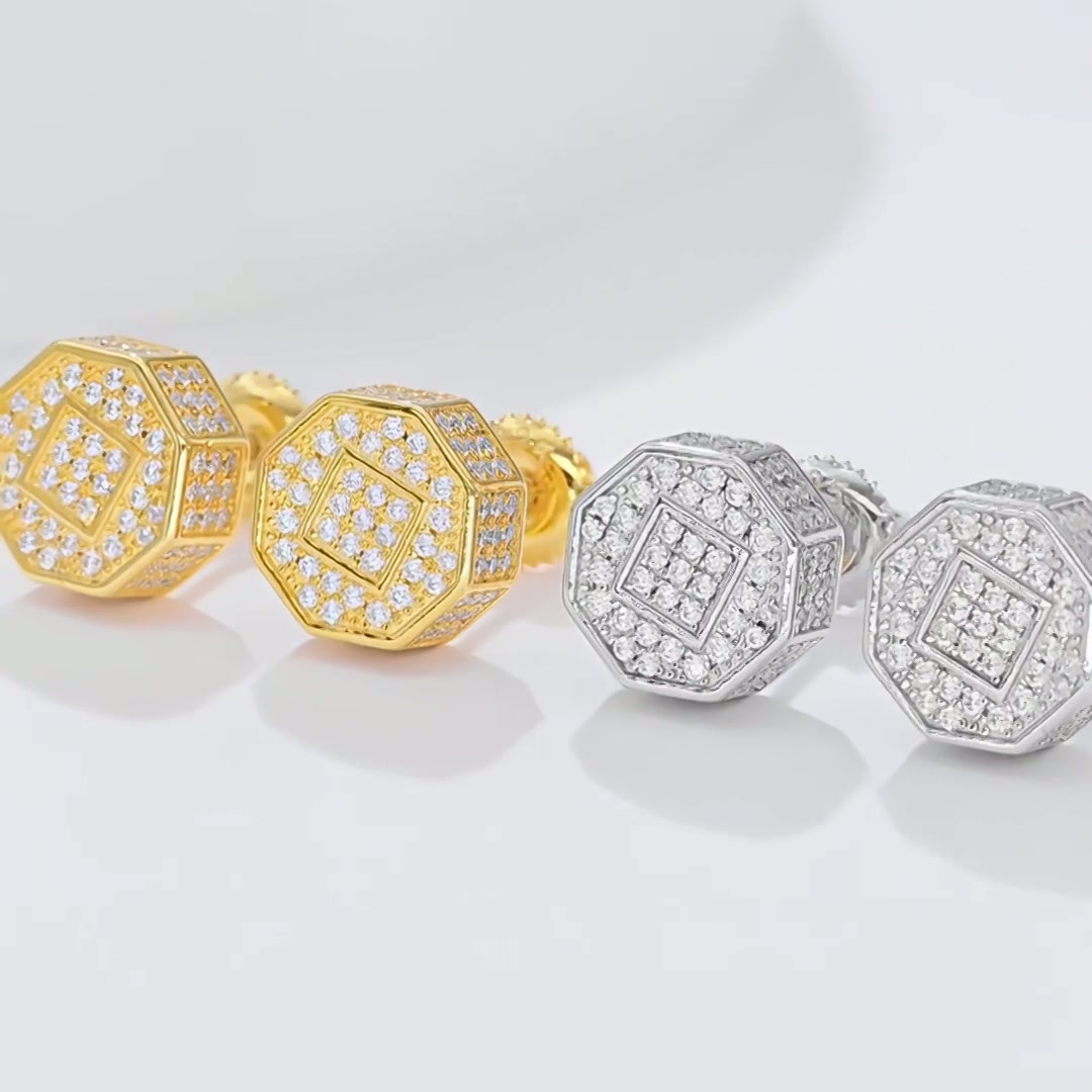 Octagonal Pavé Moissanite Stud Earrings | Iced-Out 925 Silver Hip-Hop Studs product video thumbnail