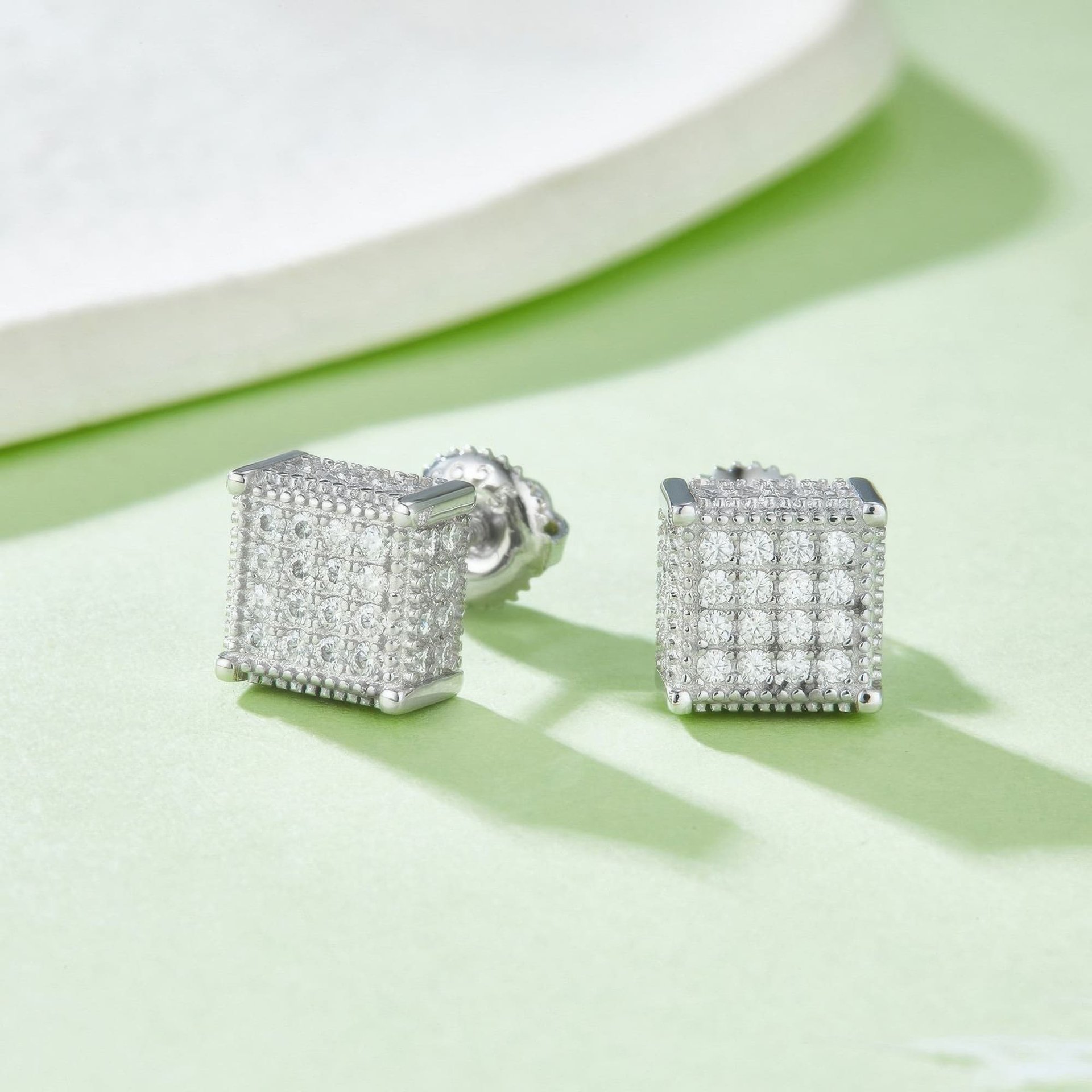 Hip Hop Square Moissanite Stud Earrings | 925 Sterling Silver Geometric Unisex Jewelry - alternate view
