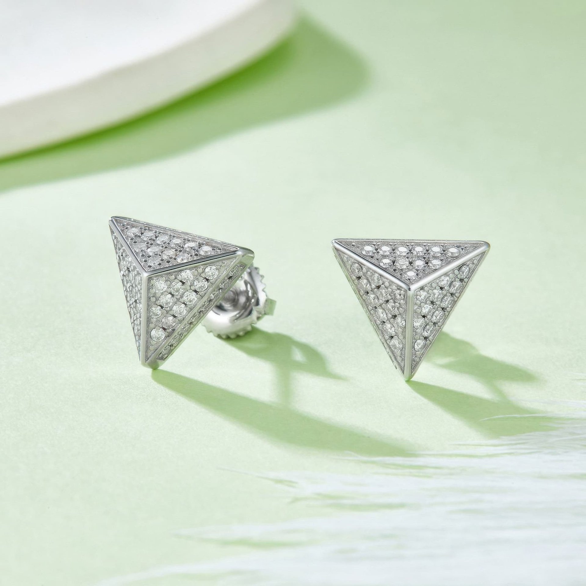 Triangle Moissanite Stud Earrings | Pyramid Pavé 925 Sterling Silver Studs - alternate view
