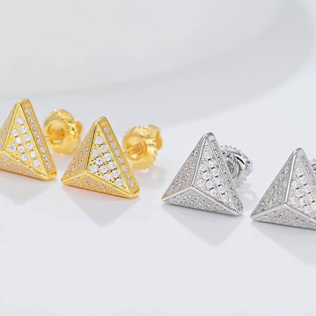 Triangle Moissanite Stud Earrings | Pyramid Pavé 925 Sterling Silver Studs product video thumbnail