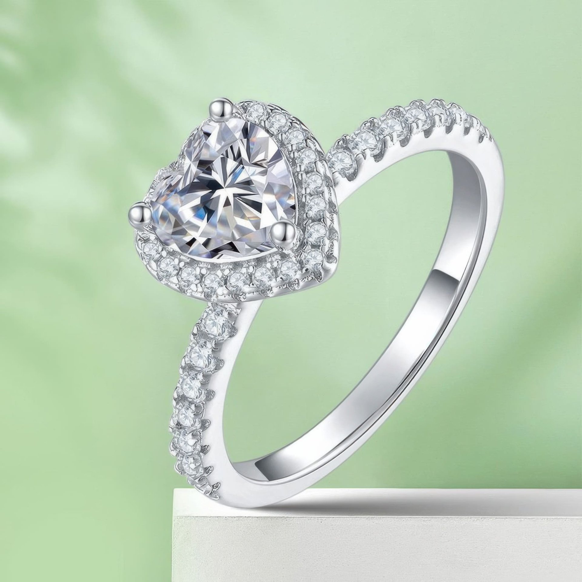 Heart Moissanite Promise Ring | 1ct Halo with Pavé Band | 925 Sterling Silver - Image 5