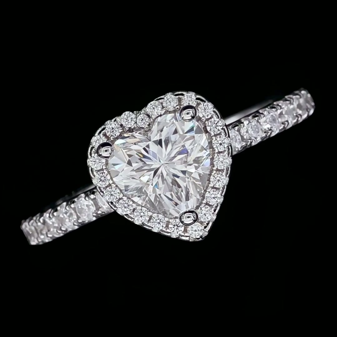 Heart Moissanite Promise Ring | 1ct Halo with Pavé Band | 925 Sterling Silver product video thumbnail