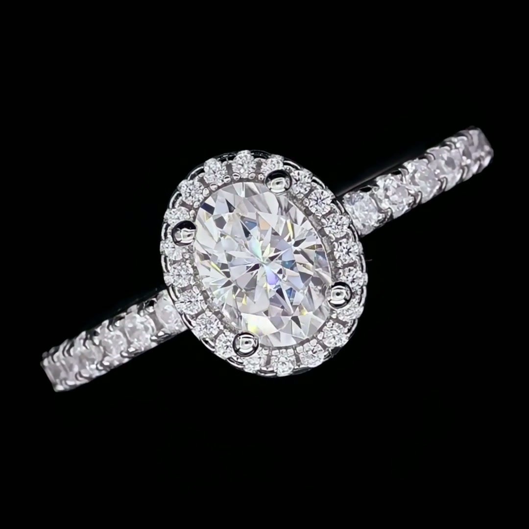 1ct Oval Moissanite Halo Ring | DEF Colorless 6.5mm Center | 925 Sterling Silver product video thumbnail