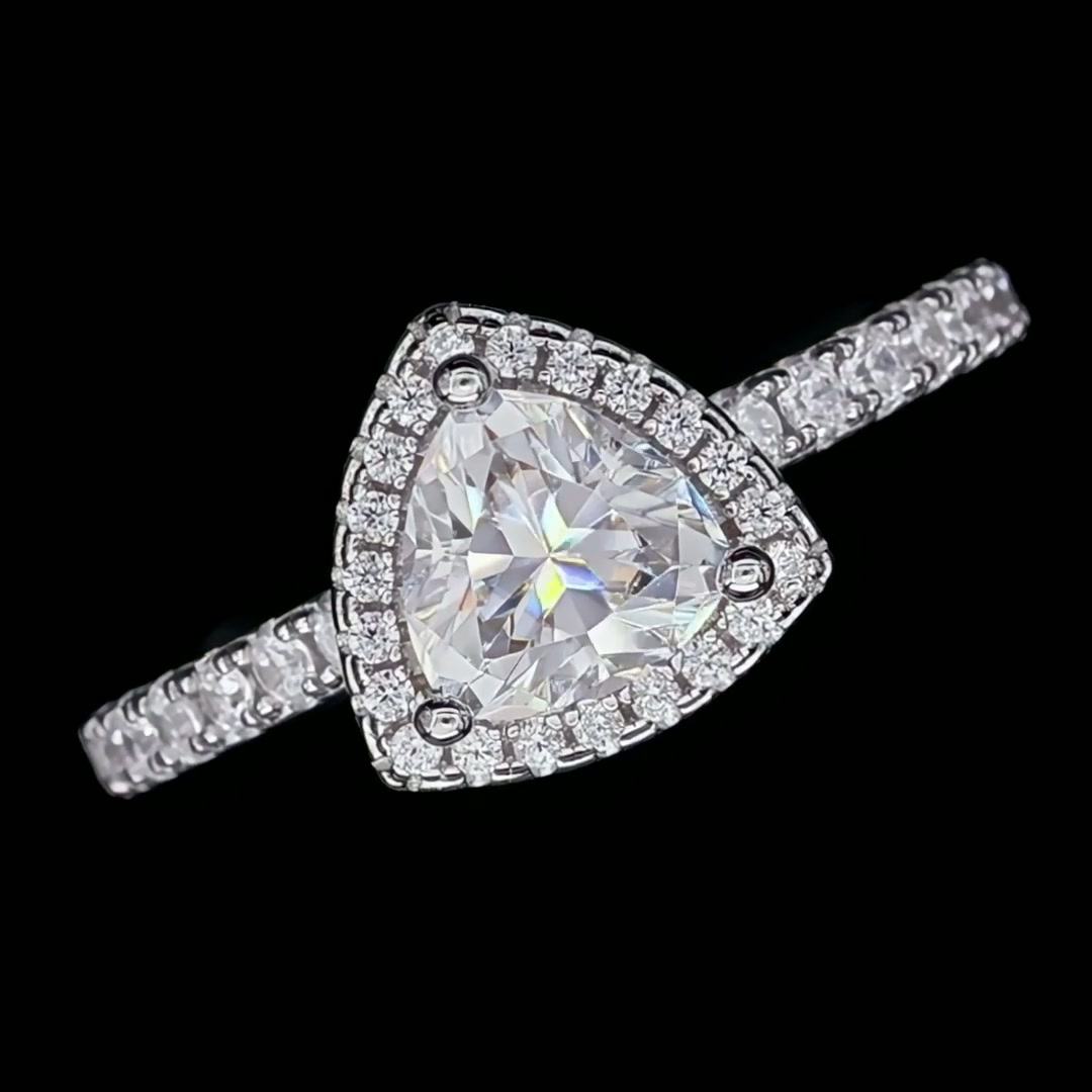 Trillion-Cut Triangle Moissanite Ring | 1ct DEF Halo 925 Silver Statement Ring product video thumbnail
