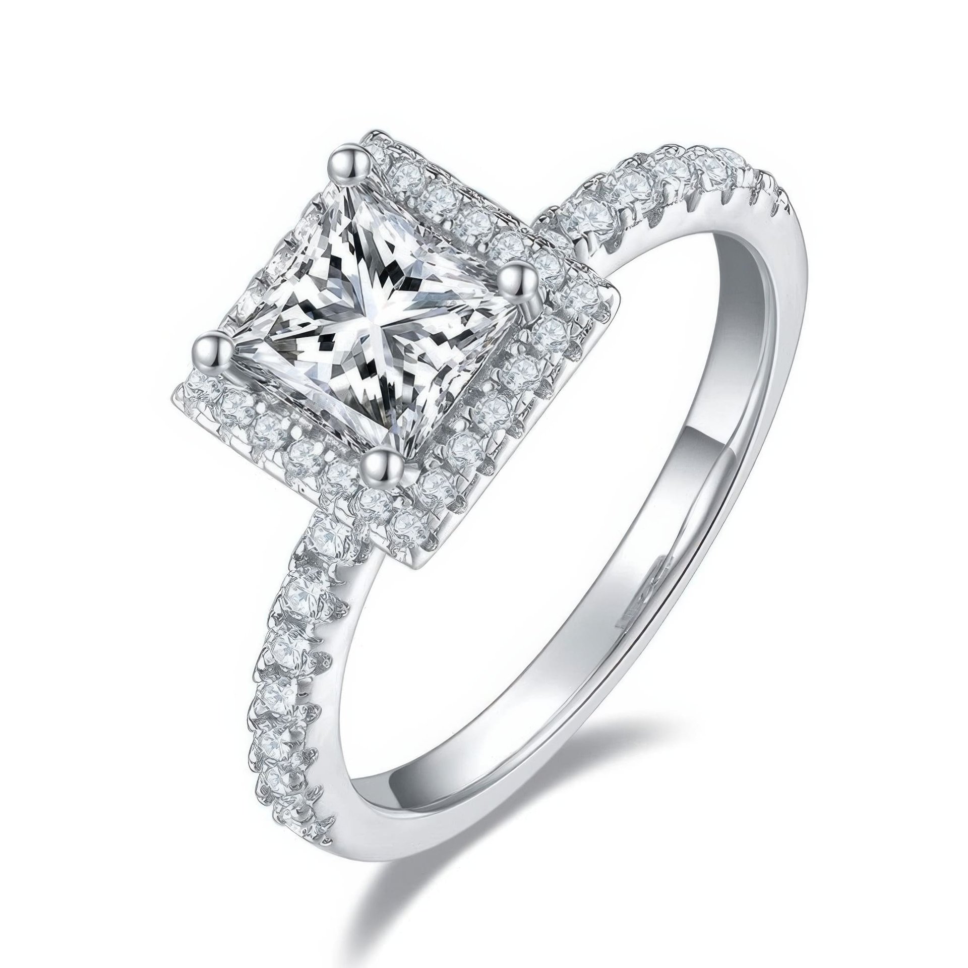 Princess Cut Moissanite Halo Ring 1ct DEF | 925 Sterling Silver Pavé Engagement Ring