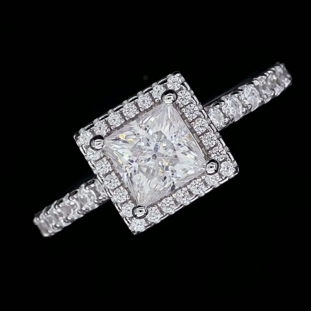 Princess Cut Moissanite Halo Ring 1ct DEF | 925 Sterling Silver Pavé Engagement Ring product video thumbnail