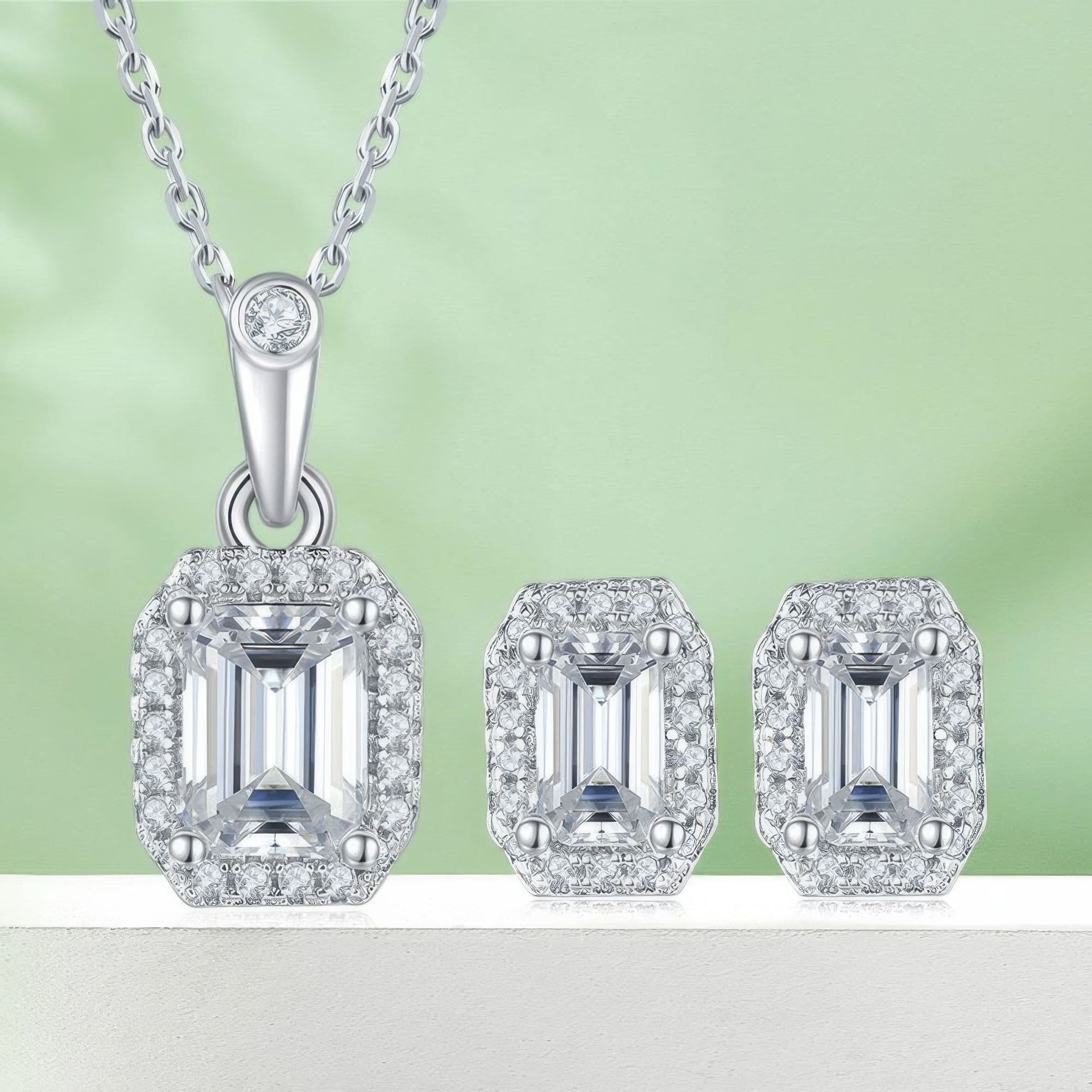 Emerald-Cut Moissanite Halo Necklace & Earring Set | 2ct DEW D-Color 925 Sterling Silver - Image 5