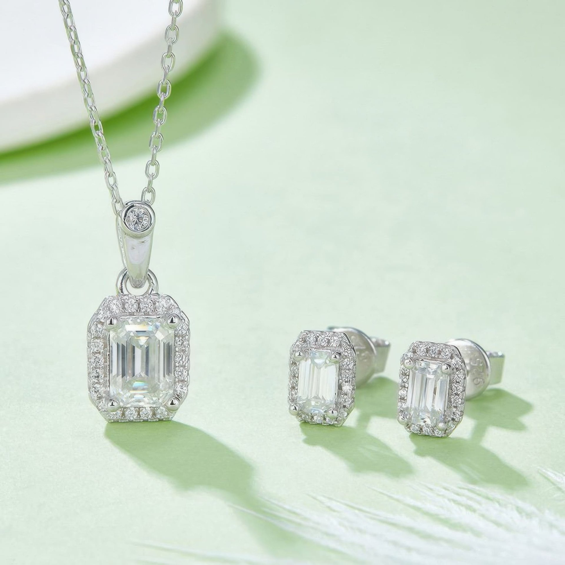 Emerald-Cut Moissanite Halo Necklace & Earring Set | 2ct DEW D-Color 925 Sterling Silver - alternate view