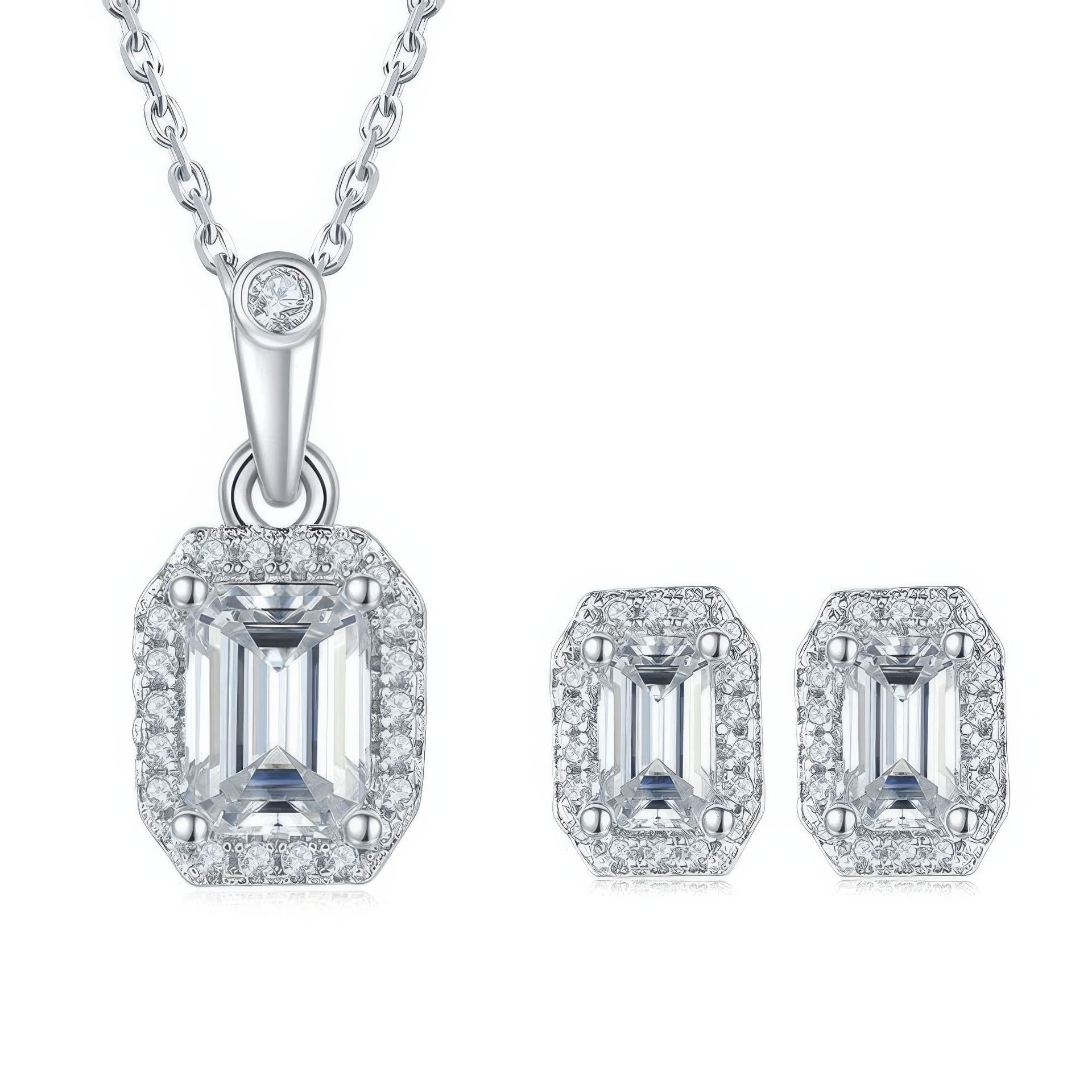 Emerald-Cut Moissanite Halo Necklace & Earring Set | 2ct DEW D-Color 925 Sterling Silver