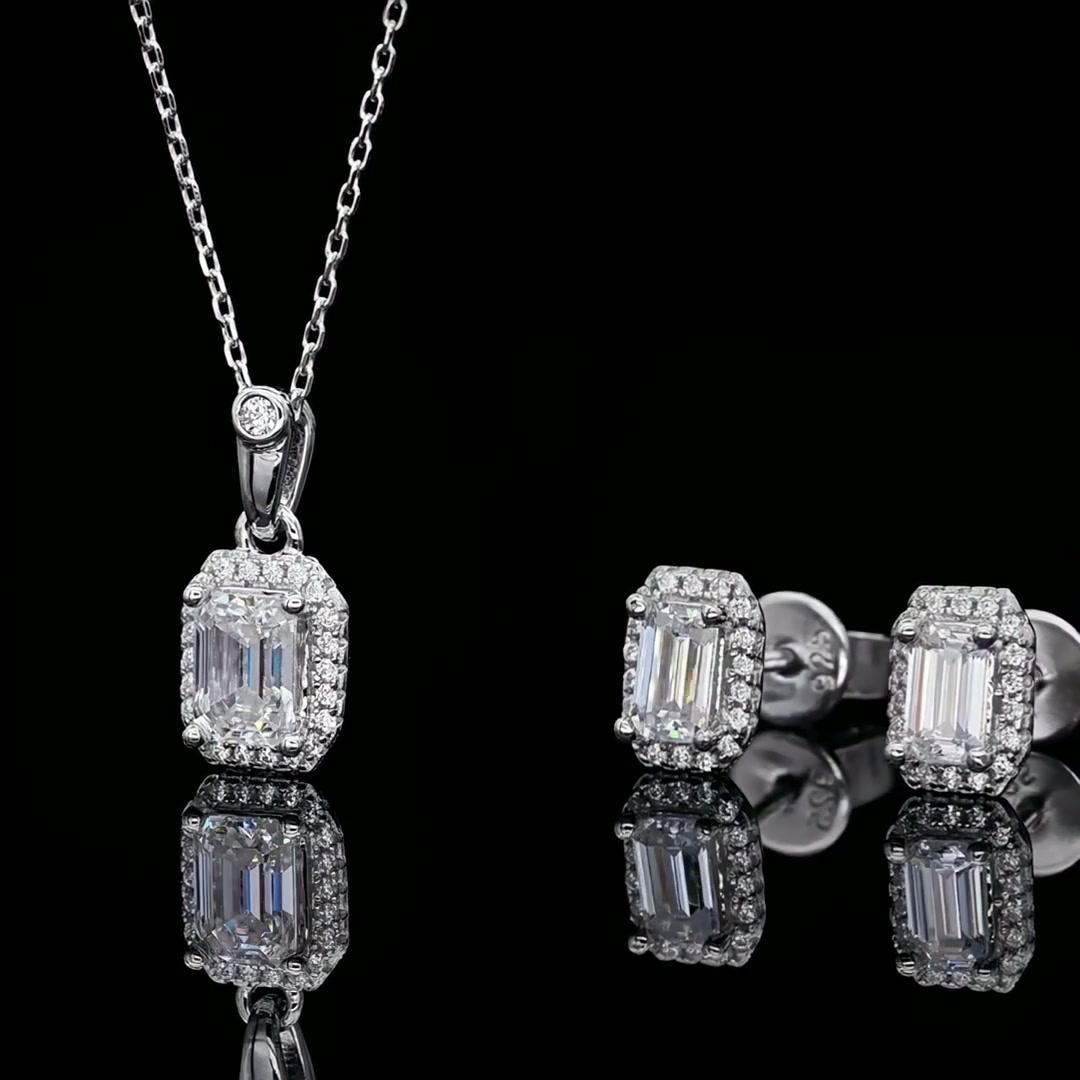 Emerald-Cut Moissanite Halo Necklace & Earring Set | 2ct DEW D-Color 925 Sterling Silver product video thumbnail