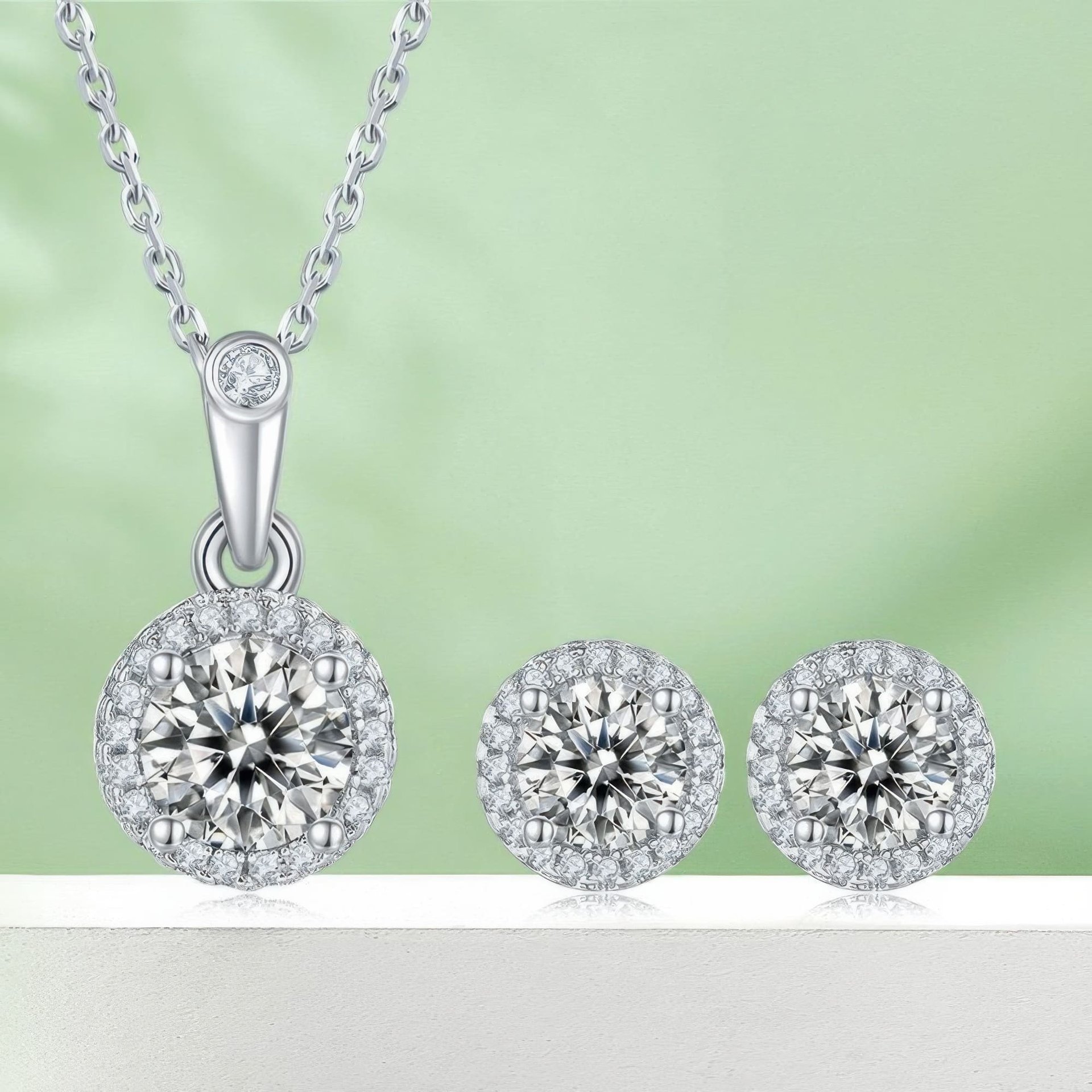 Round Cut Moissanite Halo Jewelry Set | 1ct Pendant + 0.5ct Stud Earrings | 925 Sterling Silver - Image 5