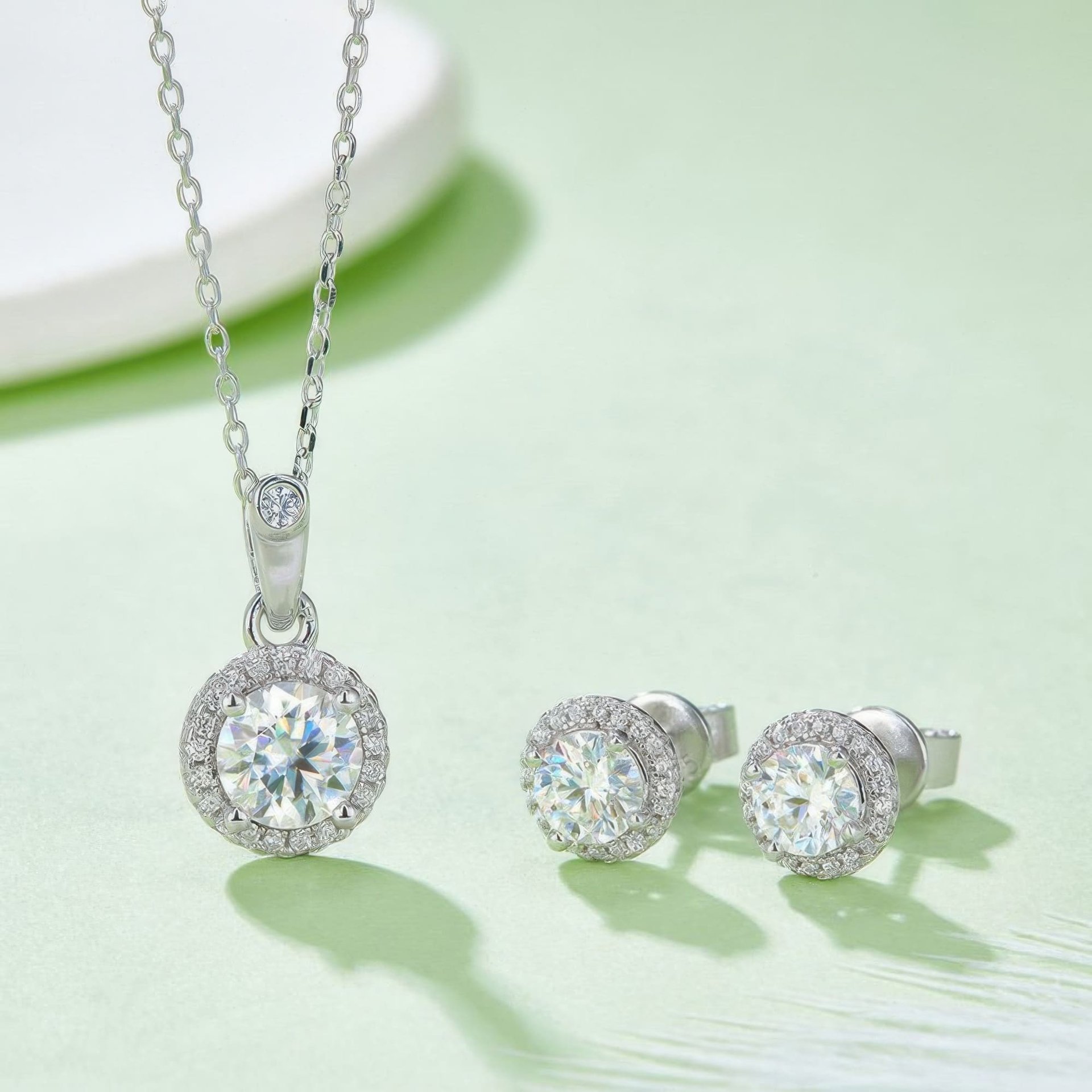 Round Cut Moissanite Halo Jewelry Set | 1ct Pendant + 0.5ct Stud Earrings | 925 Sterling Silver - alternate view
