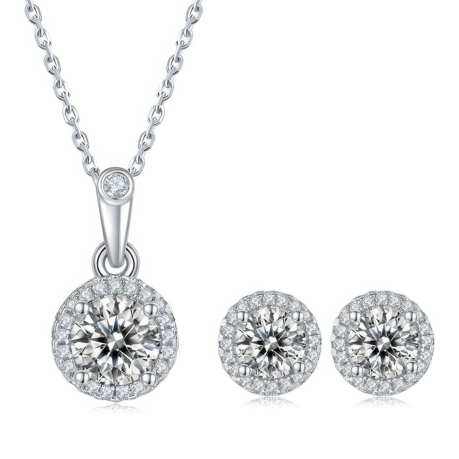 Round Cut Moissanite Halo Jewelry Set | 1ct Pendant + 0.5ct Stud Earrings | 925 Sterling Silver