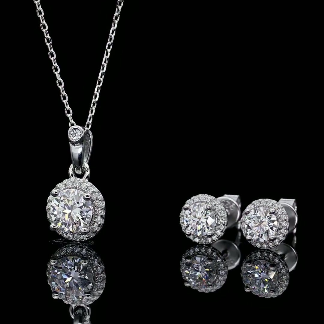 Round Cut Moissanite Halo Jewelry Set | 1ct Pendant + 0.5ct Stud Earrings | 925 Sterling Silver product video thumbnail