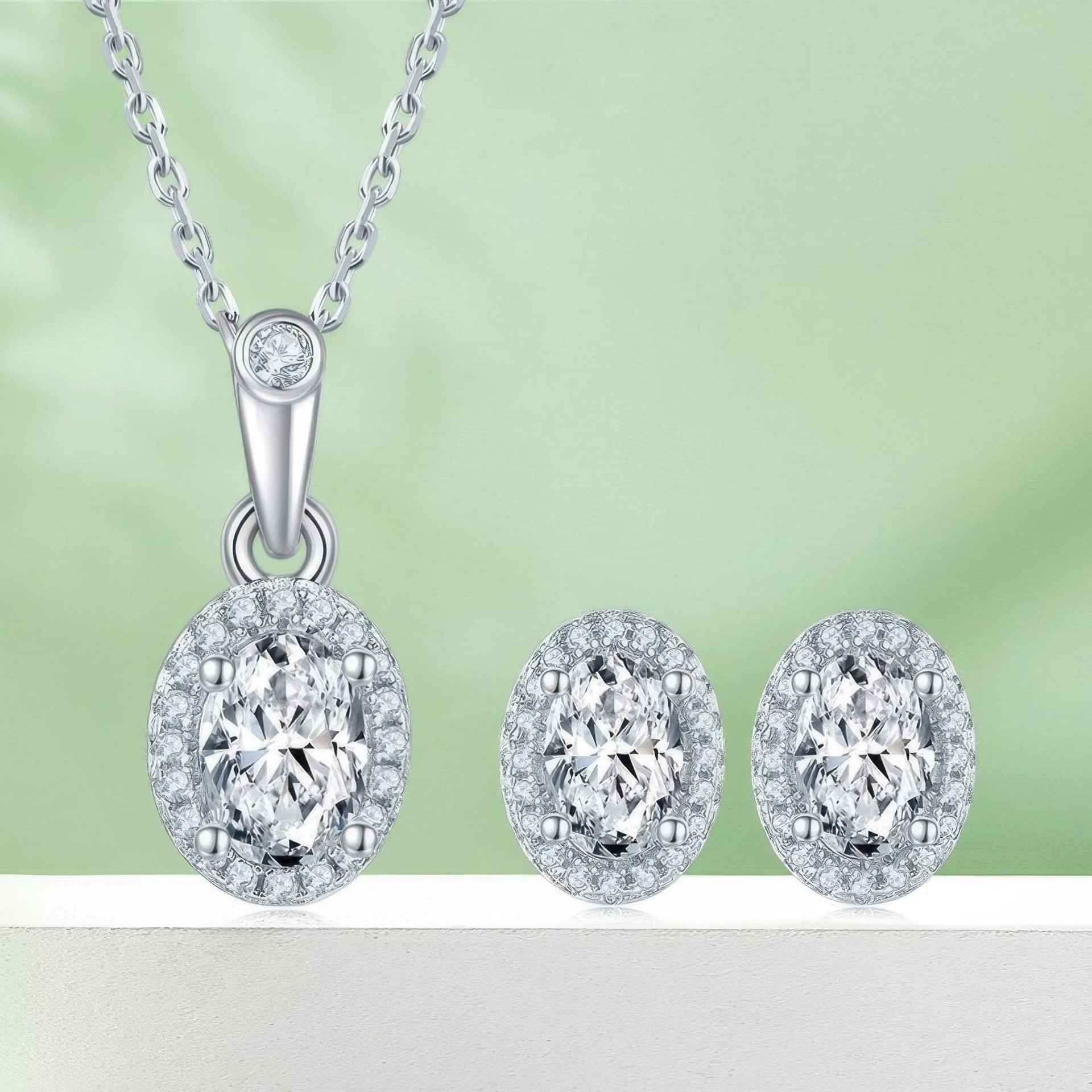 Oval Moissanite Halo Necklace & Earring Set | 1ct Pendant + 0.5ct/ear Studs | DEF VVS 925 Silver - Image 5