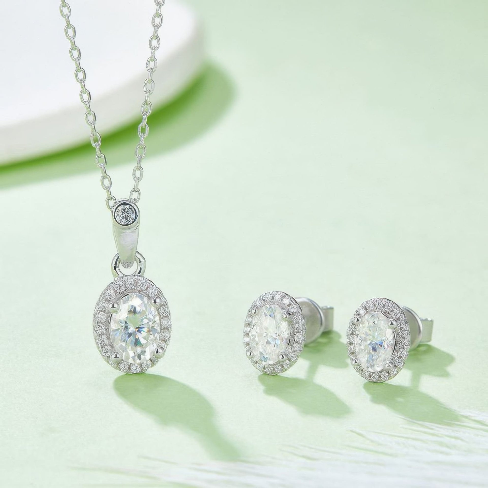 Oval Moissanite Halo Necklace & Earring Set | 1ct Pendant + 0.5ct/ear Studs | DEF VVS 925 Silver - alternate view
