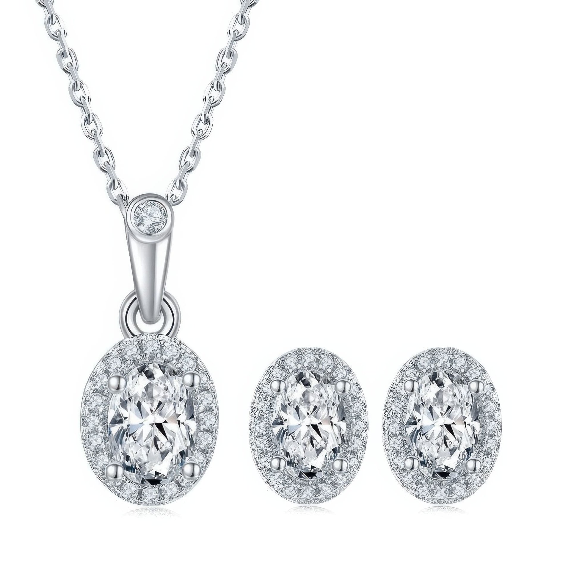 Oval Moissanite Halo Necklace & Earring Set | 1ct Pendant + 0.5ct/ear Studs | DEF VVS 925 Silver