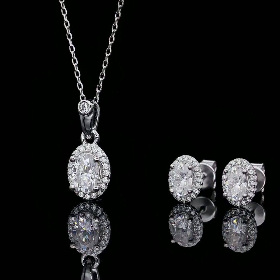 Oval Moissanite Halo Necklace & Earring Set | 1ct Pendant + 0.5ct/ear Studs | DEF VVS 925 Silver product video thumbnail
