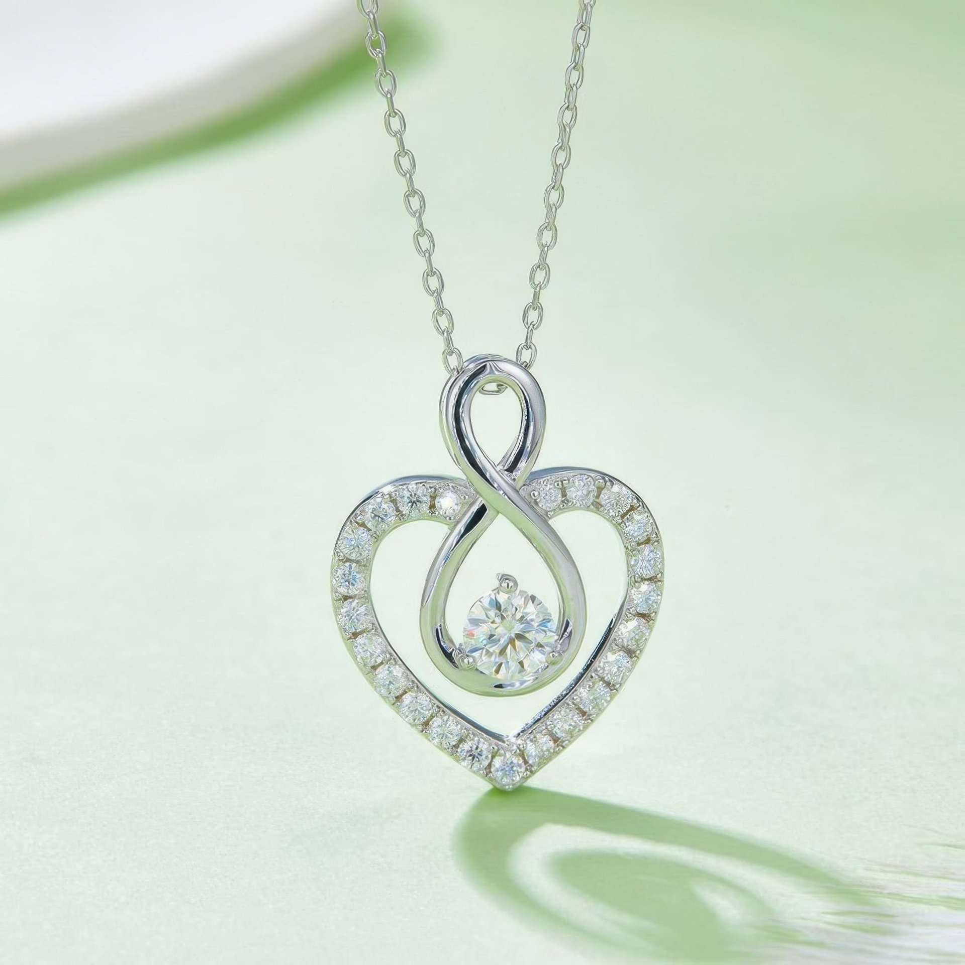 Infinity Heart Moissanite Necklace | Pave Heart with Inner Infinity & Round Center Stone | 925 Sterling Silver, 3 Gold Tones...