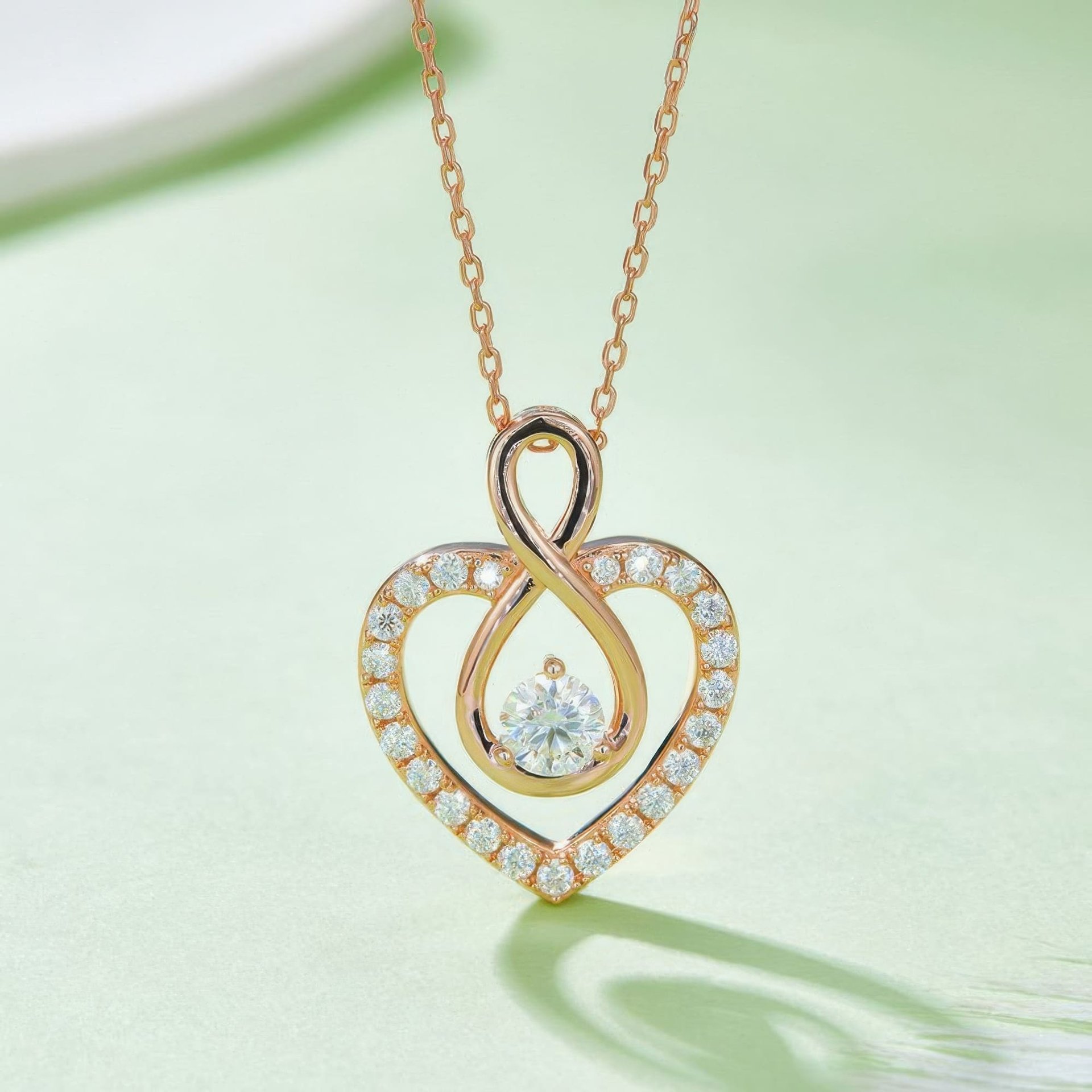 Infinity Heart Moissanite Necklace | Pave Heart with Inner Infinity & Round Center Stone | 925 Sterling Silver, 3 Gold Tones...