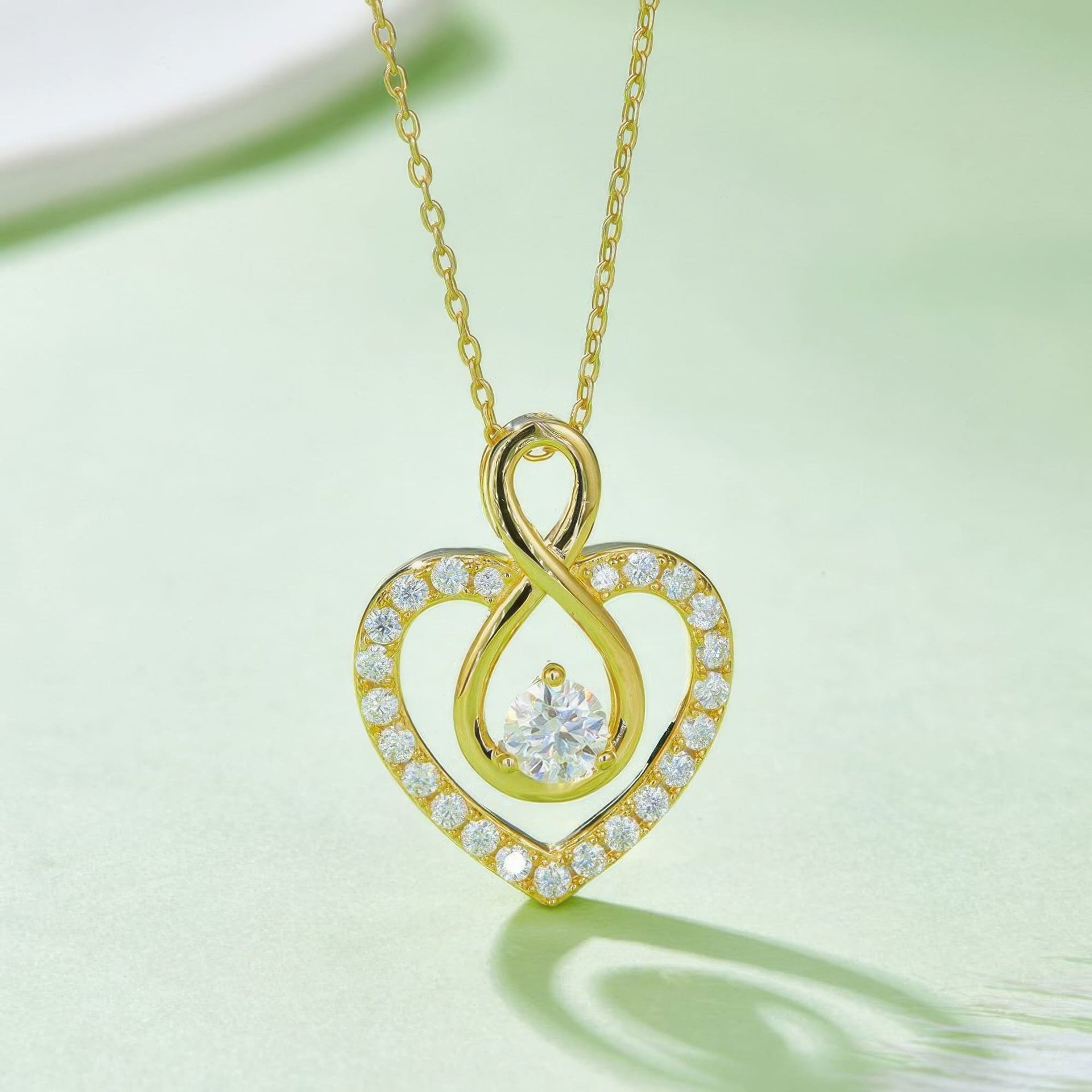 Infinity Heart Moissanite Necklace | Pave Heart with Inner Infinity & Round Center Stone | 925 Sterling Silver, 3 Gold Tones...