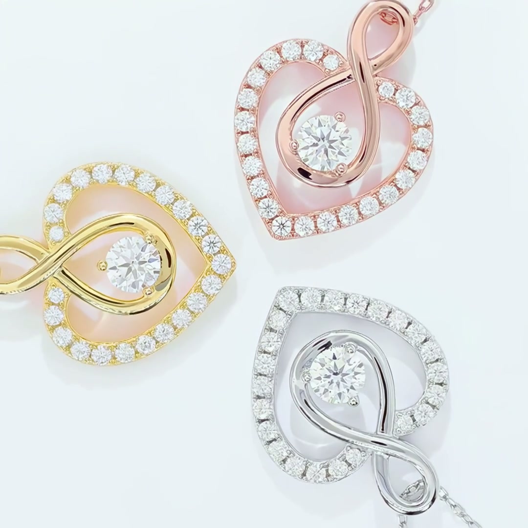 Infinity Heart Moissanite Necklace | Pave Heart with Inner Infinity & Round Center Stone | 925 Sterling Silver, 3 Gold Tones product video thumbnail