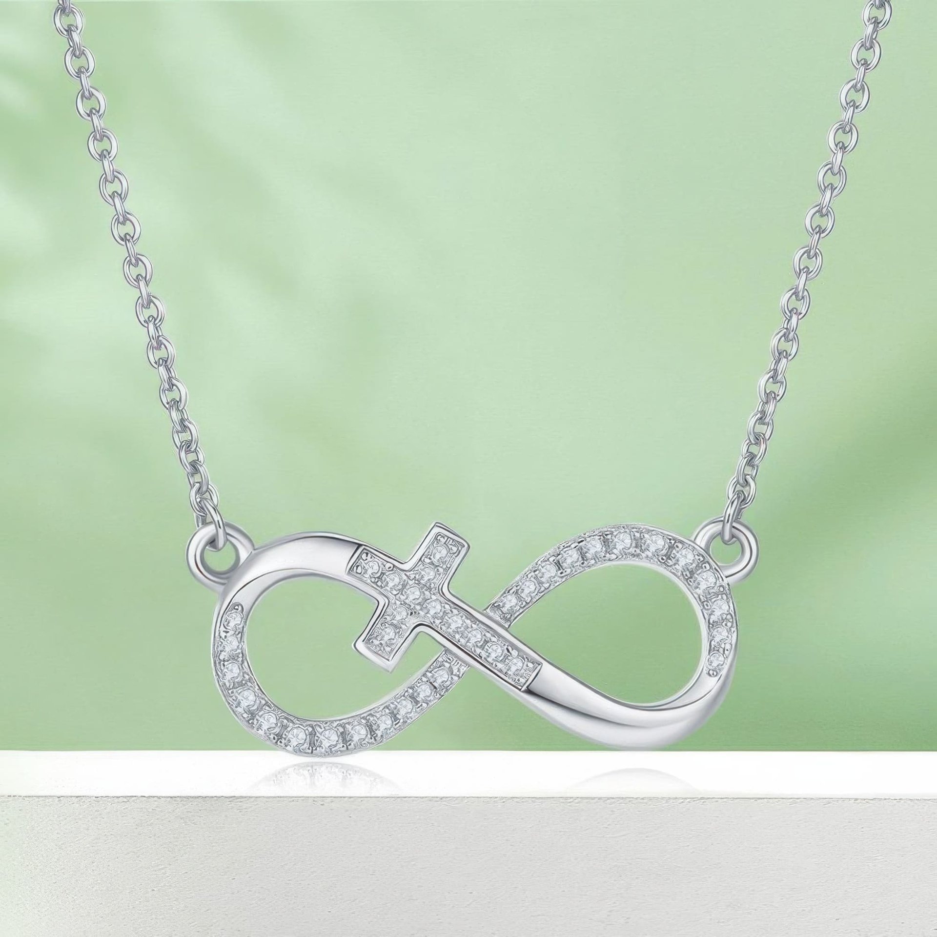 Cross Infinity Moissanite Necklace | Pave Sideways Infinity with Center Cross | 925 Sterling Silver, 3 Gold Tones - Image 3