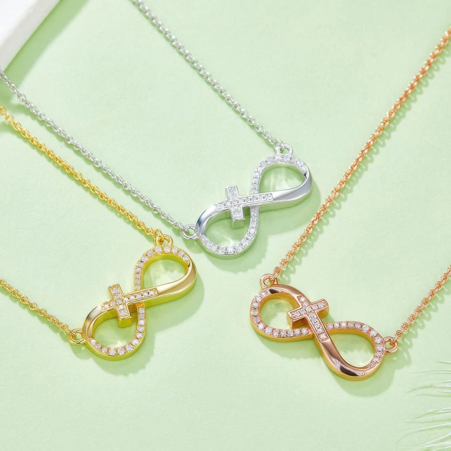Cross Infinity Moissanite Necklace | Pave Sideways Infinity with Center Cross | 925 Sterling Silver, 3 Gold Tones - Image 2