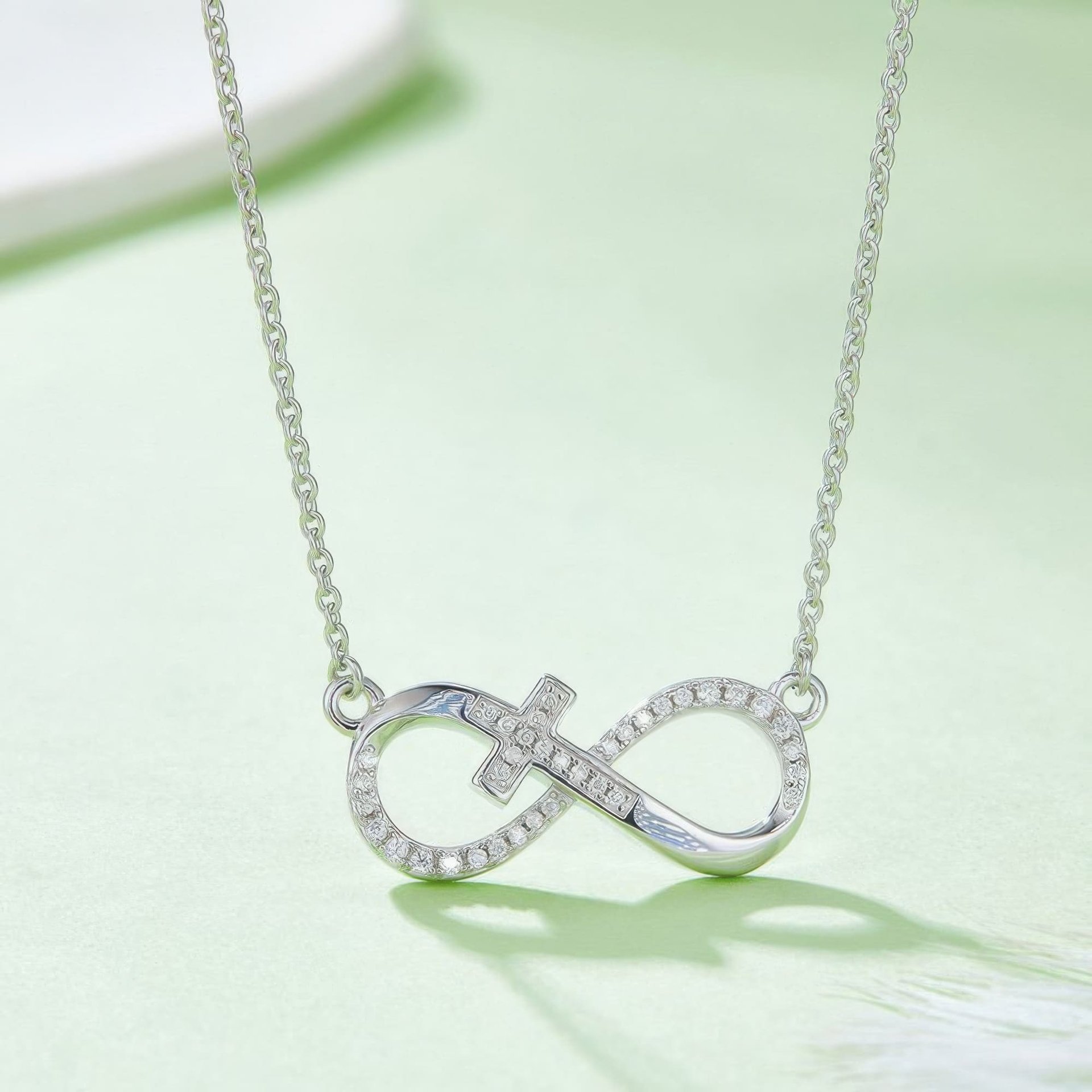 Cross Infinity Moissanite Necklace | Pave Sideways Infinity with Center Cross | 925 Sterling Silver, 3 Gold Tones - Image 4