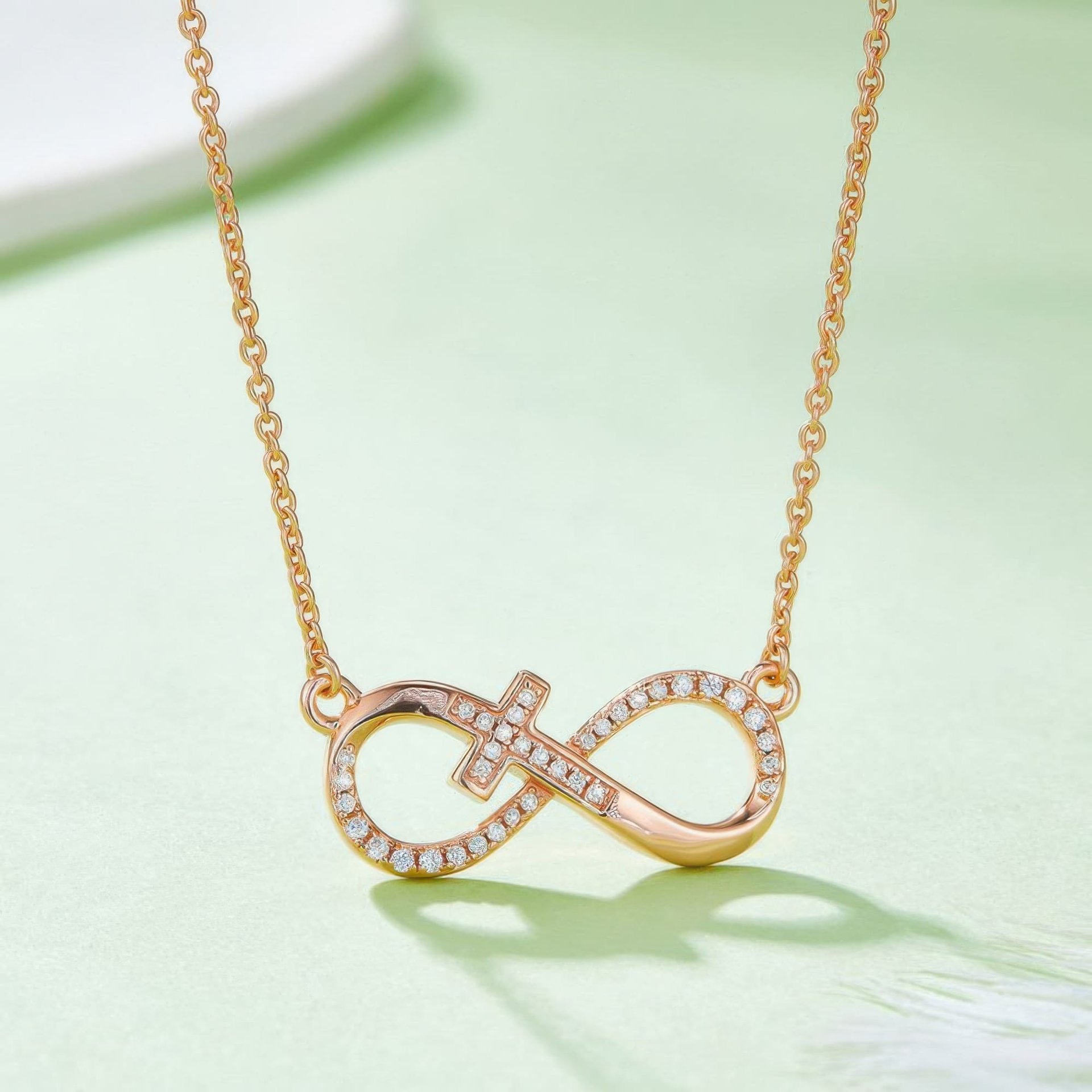 Cross Infinity Moissanite Necklace | Pave Sideways Infinity with Center Cross | 925 Sterling Silver, 3 Gold Tones - Image 6