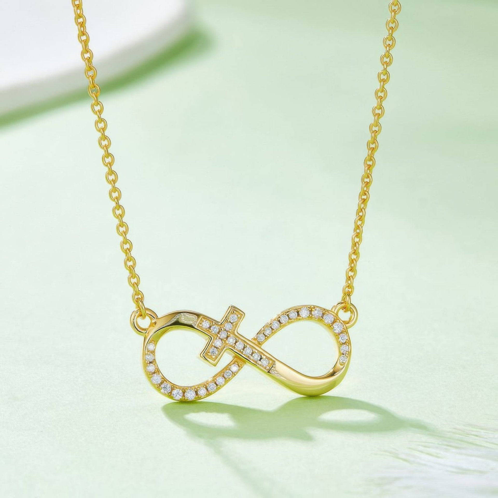 Cross Infinity Moissanite Necklace | Pave Sideways Infinity with Center Cross | 925 Sterling Silver, 3 Gold Tones - Image 8